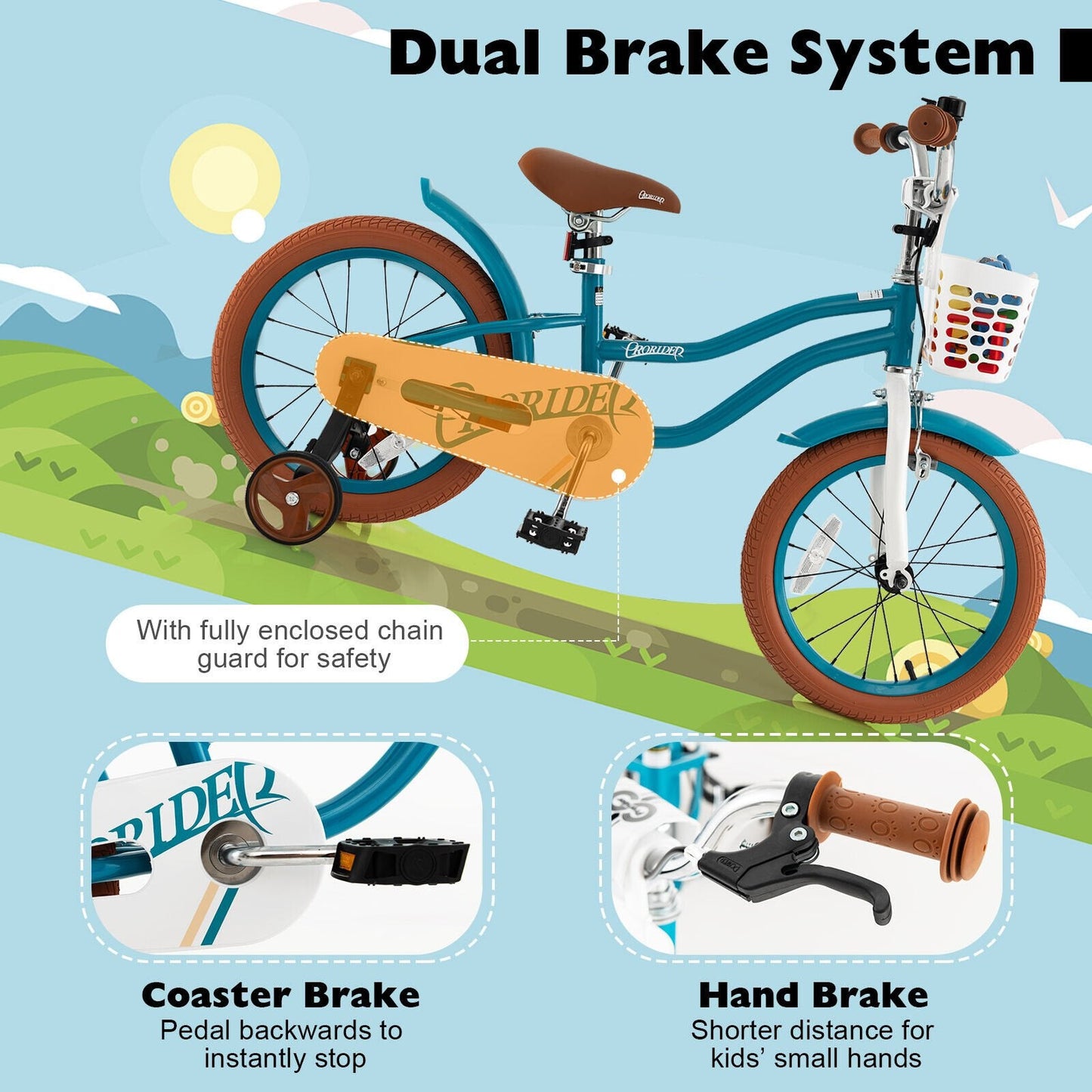 16 Inch Kids Bike with Front Handbrake and 2 Training Wheels, Turquoise Kids Bike   at Gallery Canada