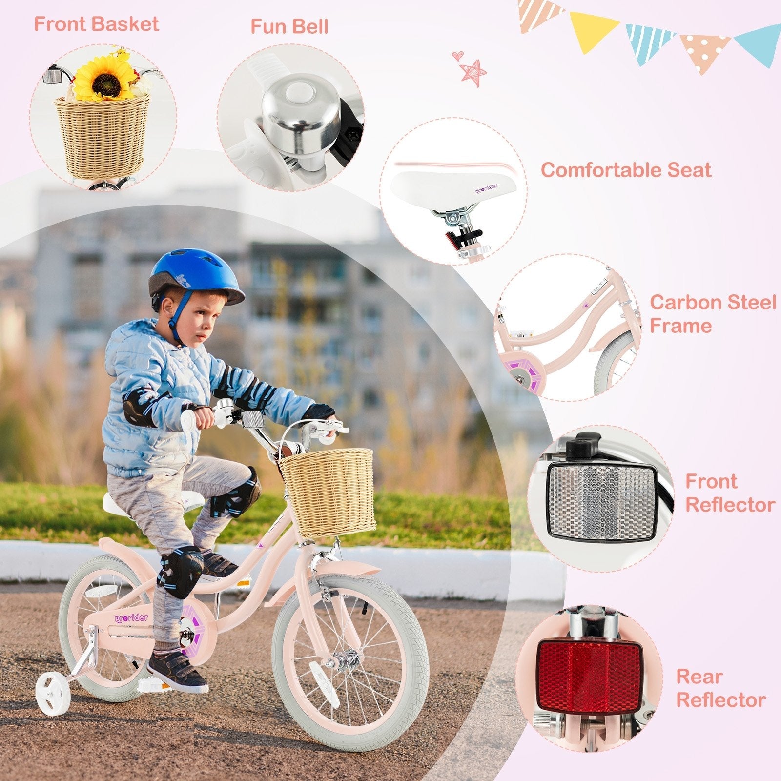 16-Inch Kids Bike with Training Wheels and Adjustable Handlebar Seat, Pink Kids Bike   at Gallery Canada