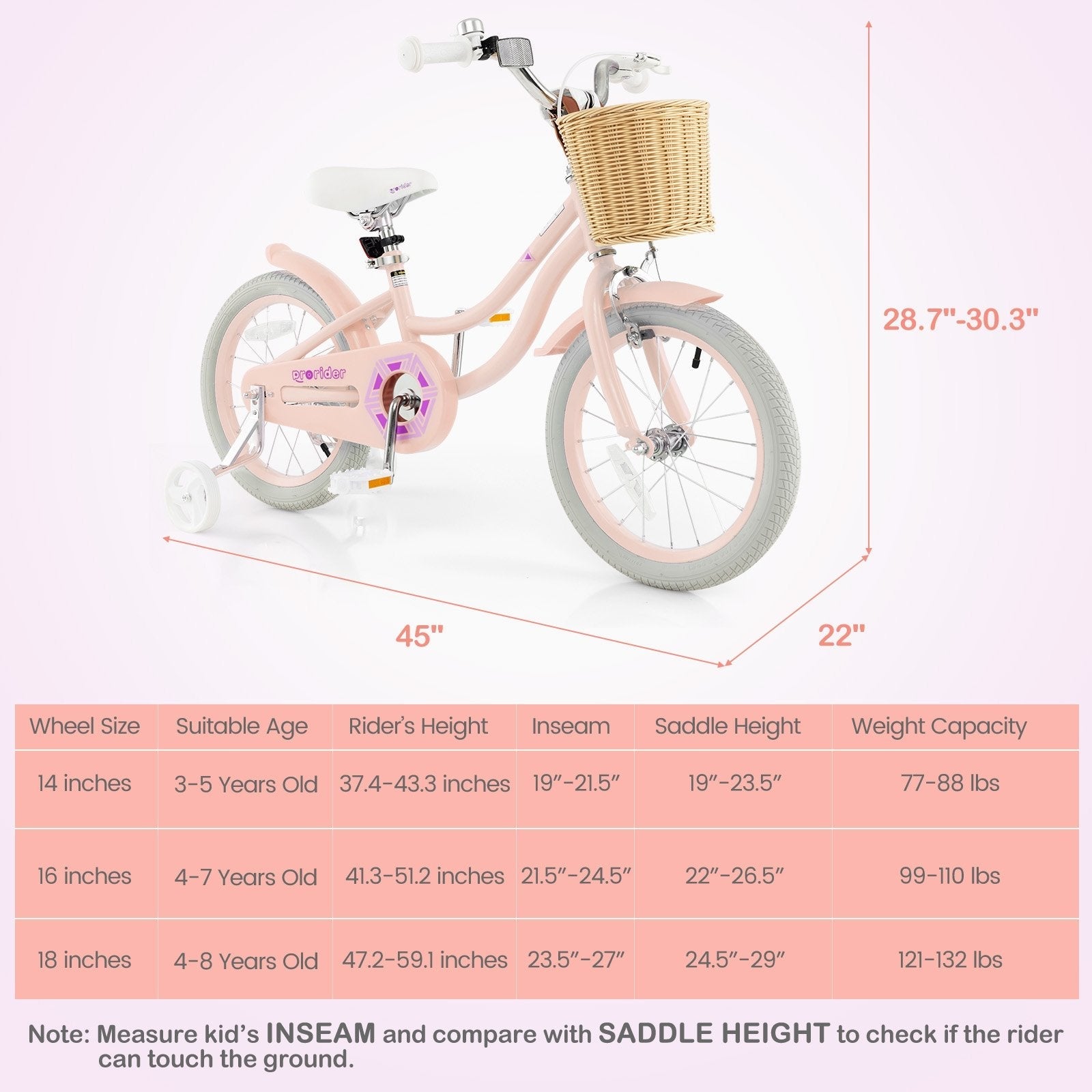 16-Inch Kids Bike with Training Wheels and Adjustable Handlebar Seat, Pink Kids Bike   at Gallery Canada