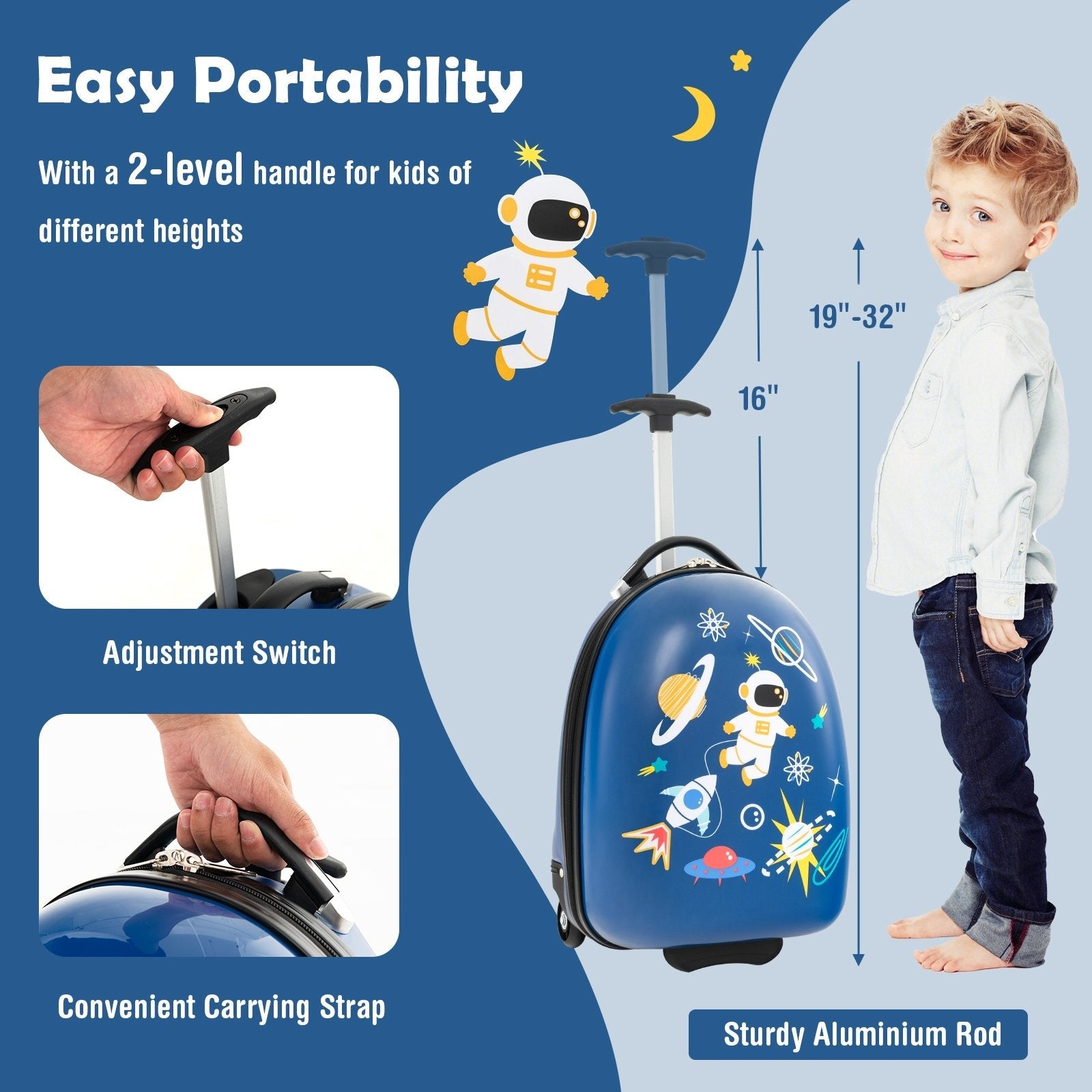 16 Inch Kids Carry-On Luggage Hard Shell Suitcase with Wheels, Blue Kids Luggage   at Gallery Canada