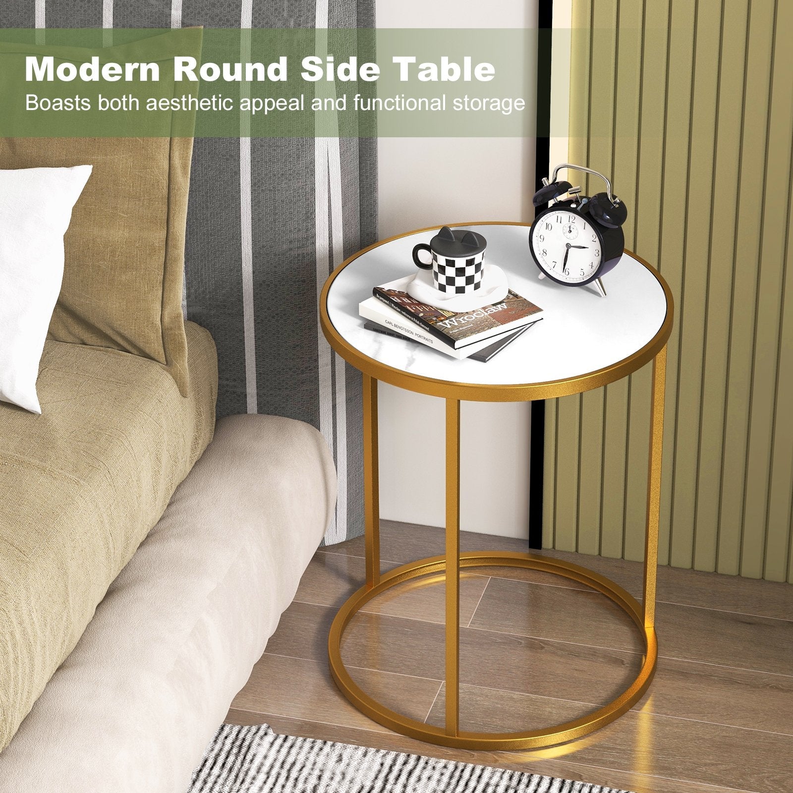 16 Inch Marble Top Round Side Table with Golden Metal Frame for Living Room Bedroom-1 Piece, Golden End & Side Tables   at Gallery Canada