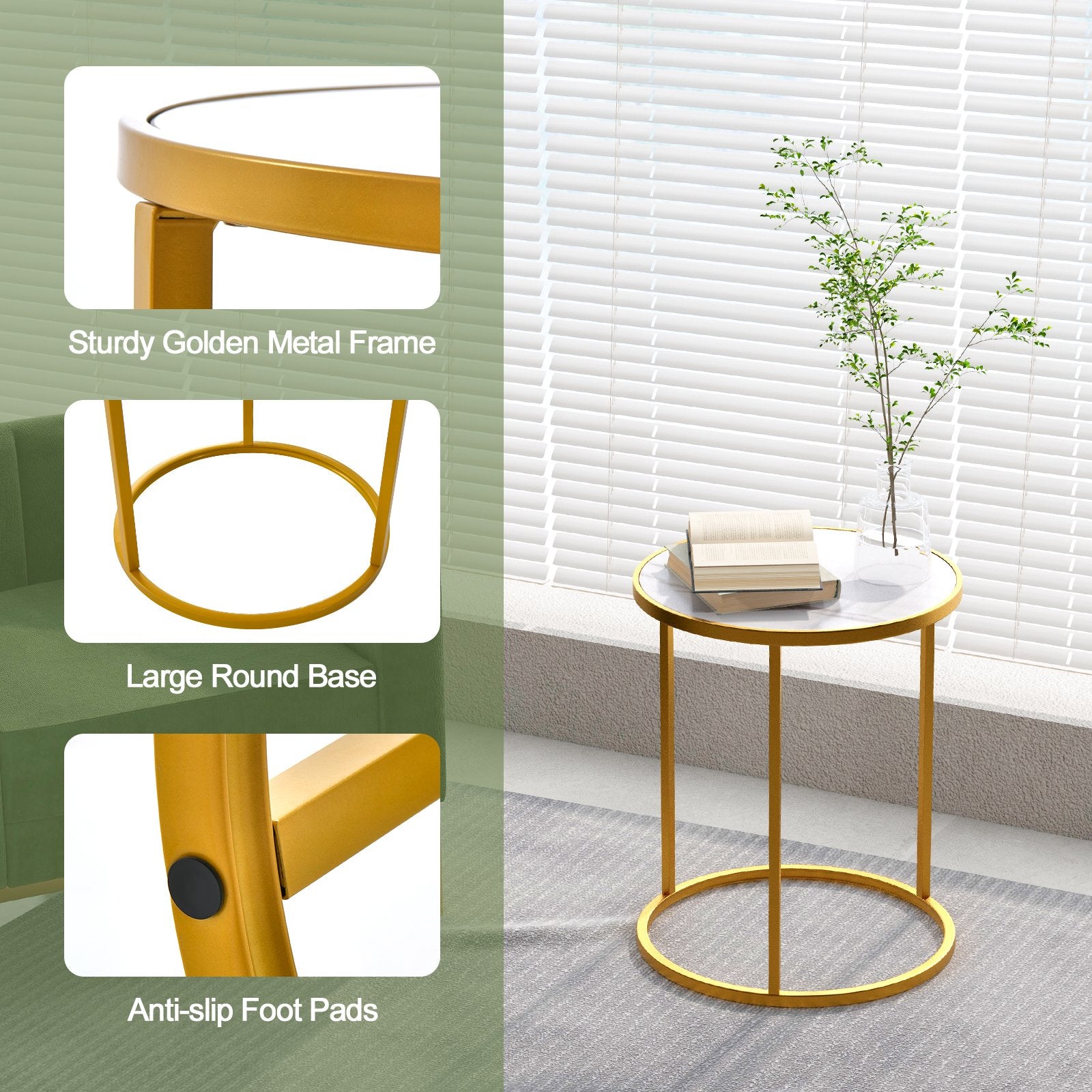 16 Inch Marble Top Round Side Table with Golden Metal Frame for Living Room Bedroom-1 Piece, Golden End & Side Tables   at Gallery Canada