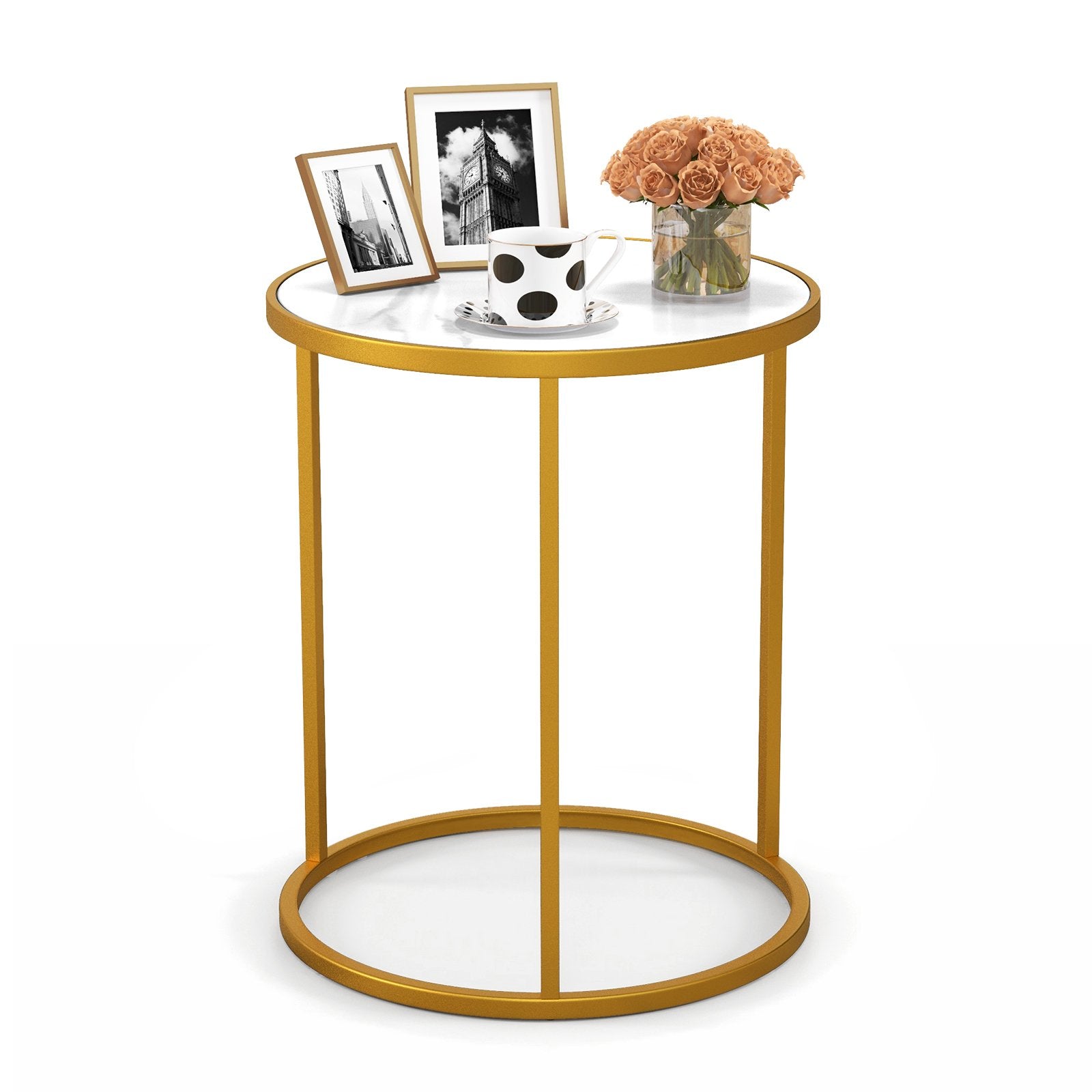 16 Inch Marble Top Round Side Table with Golden Metal Frame for Living Room Bedroom-1 Piece, Golden End & Side Tables   at Gallery Canada