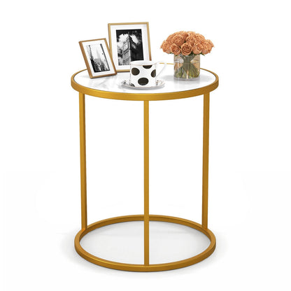 16 Inch Marble Top Round Side Table with Golden Metal Frame for Living Room Bedroom-1 Piece, Golden End & Side Tables   at Gallery Canada