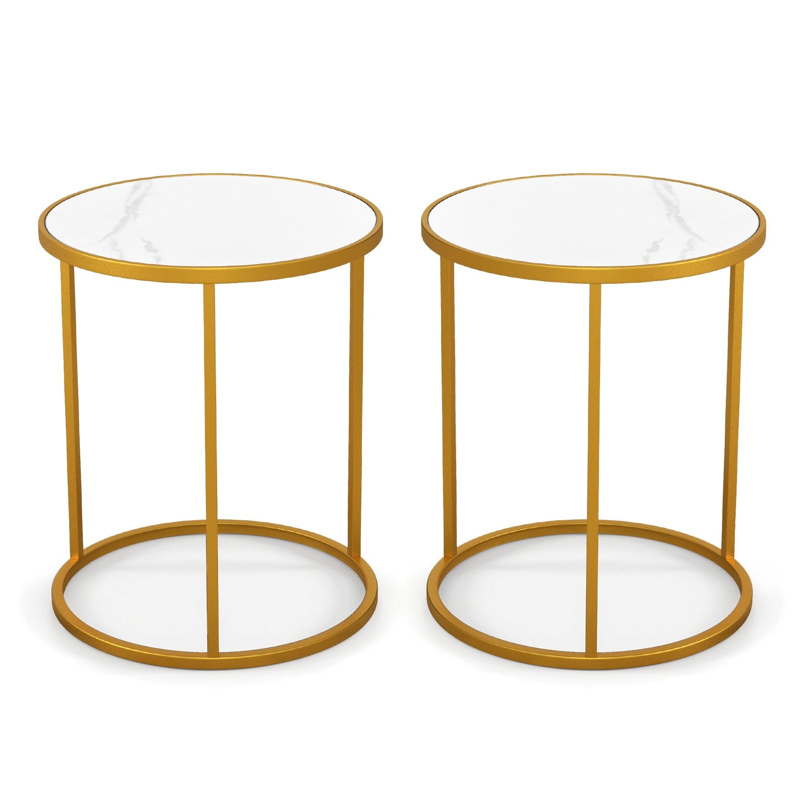 16 Inch Marble Top Round Side Table with Golden Metal Frame for Living Room Bedroom-Set of 2, Golden End & Side Tables   at Gallery Canada