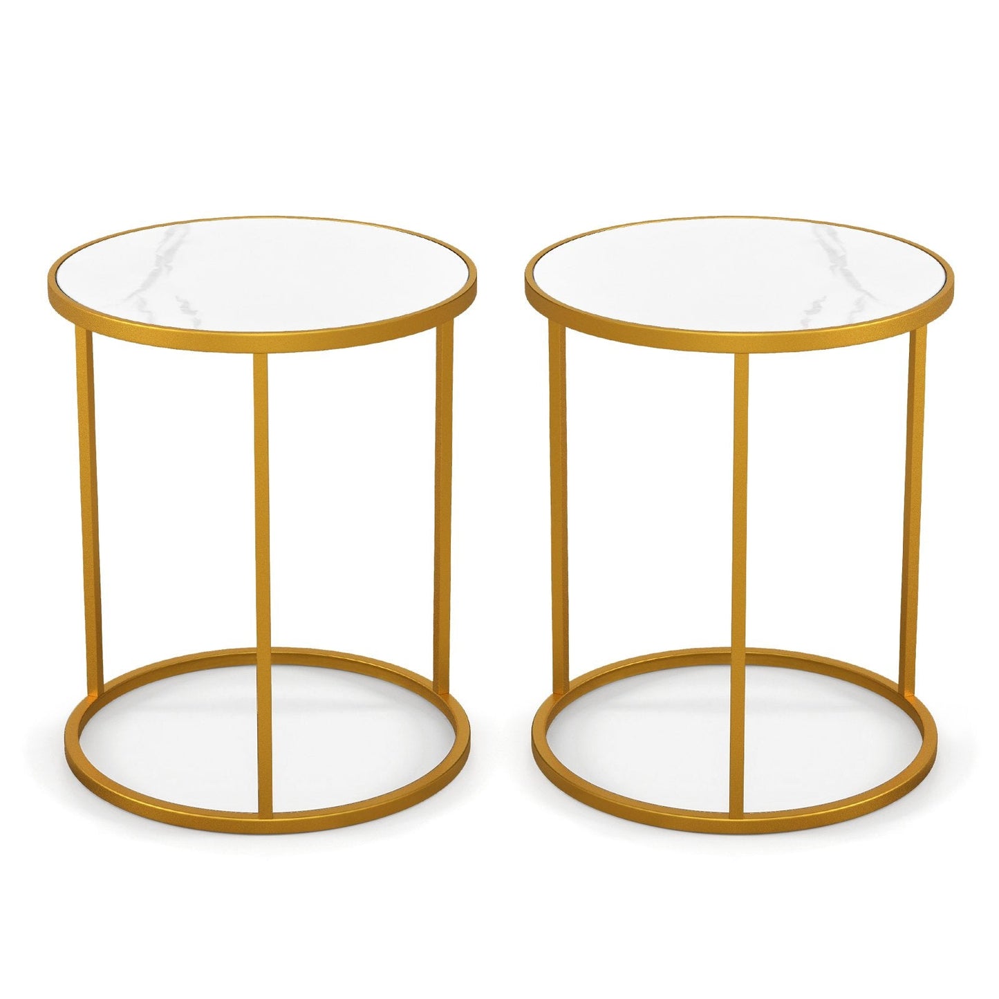 16 Inch Marble Top Round Side Table with Golden Metal Frame for Living Room Bedroom-Set of 2, Golden End & Side Tables   at Gallery Canada