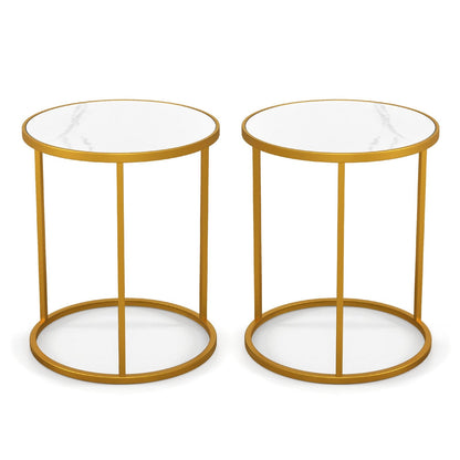 16 Inch Marble Top Round Side Table with Golden Metal Frame for Living Room Bedroom-Set of 2, Golden End & Side Tables   at Gallery Canada