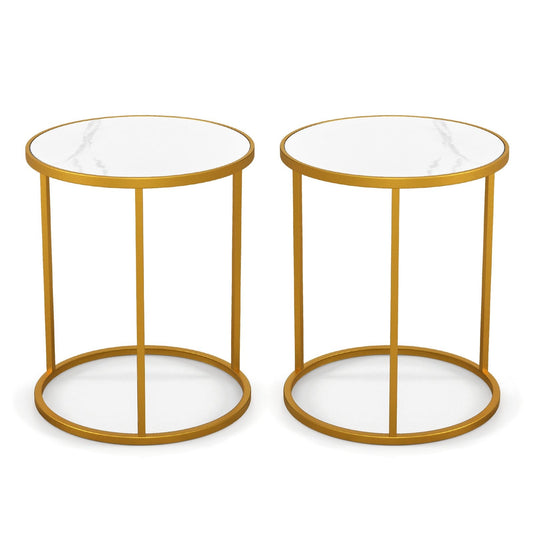 16 Inch Marble Top Round Side Table with Golden Metal Frame for Living Room Bedroom-Set of 2, Golden End & Side Tables   at Gallery Canada