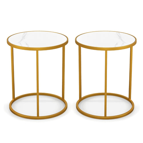 16 Inch Marble Top Round Side Table with Golden Metal Frame for Living Room Bedroom-Set of 2, Golden