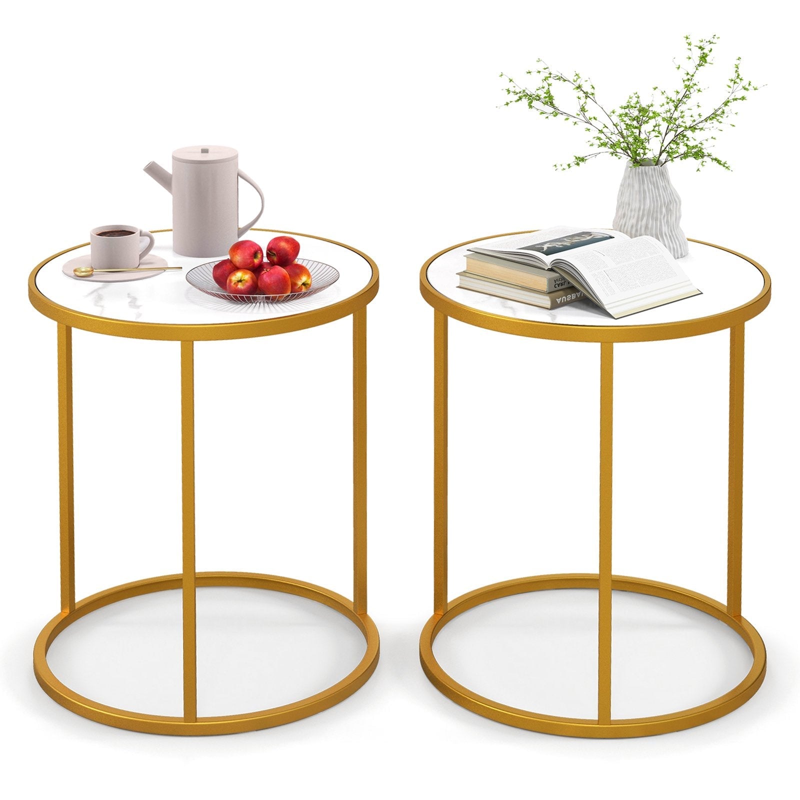 16 Inch Marble Top Round Side Table with Golden Metal Frame for Living Room Bedroom-Set of 2, Golden End & Side Tables   at Gallery Canada