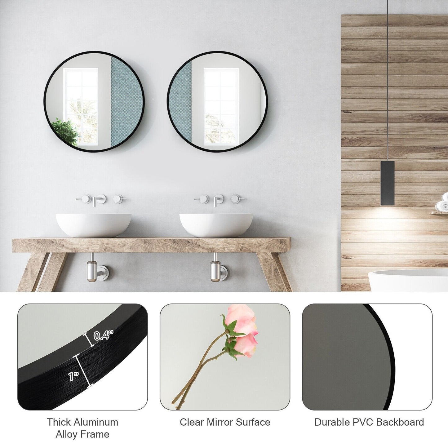 16-inch Round Wall Mirror with Aluminum Alloy Frame, Black Mirrors   at Gallery Canada