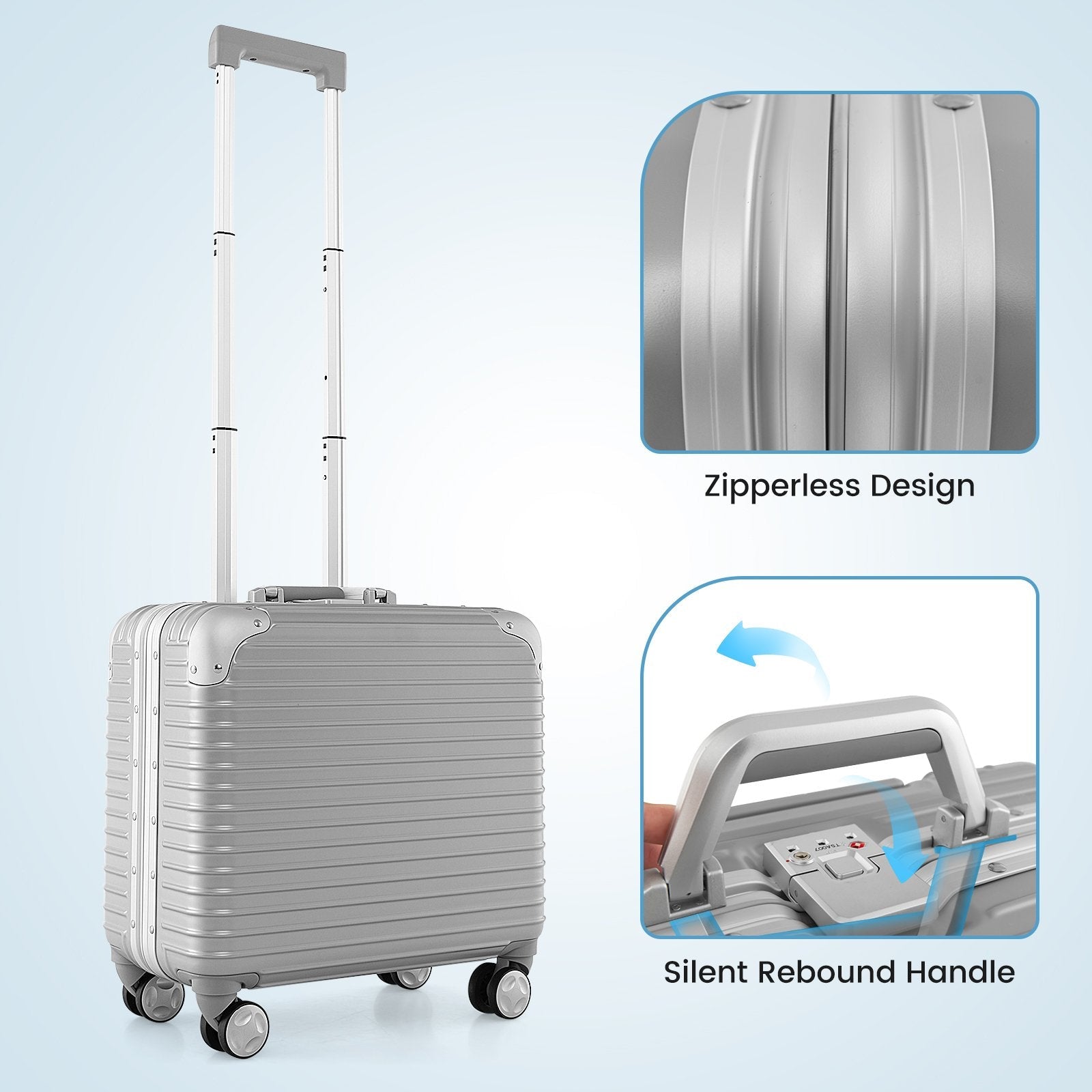 16 Inch Under-seat Carry On Luggage with Spinner Wheels and Laptop Compartment-Sliver, Silver Kids Luggage   at Gallery Canada