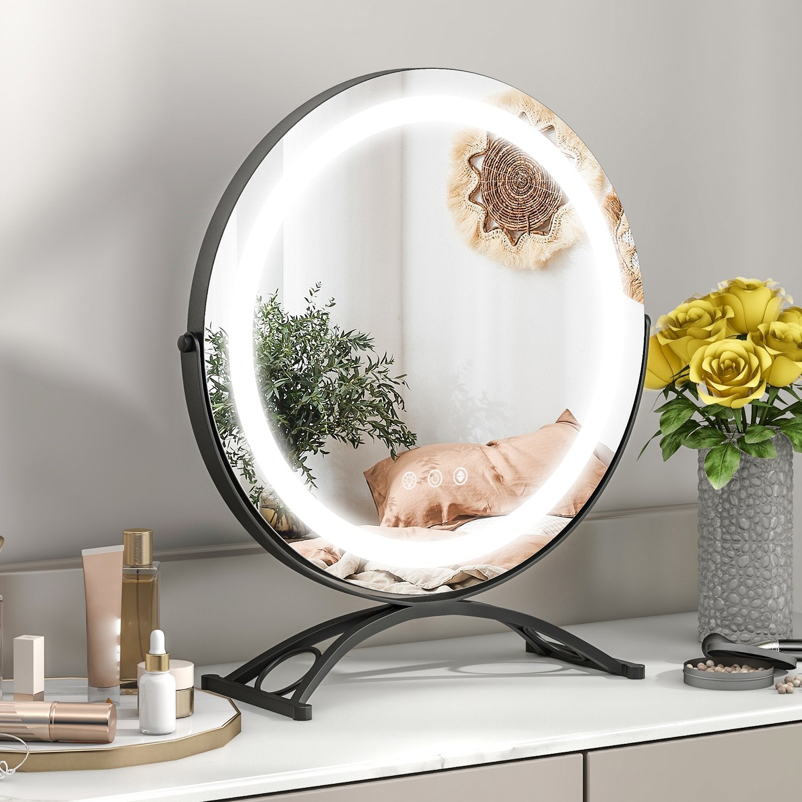 16 x 16 Inch Round LED Vanity Mirror with 3-Color Lighting and Brightness Dimming, Black Makeup Vanities   at Gallery Canada