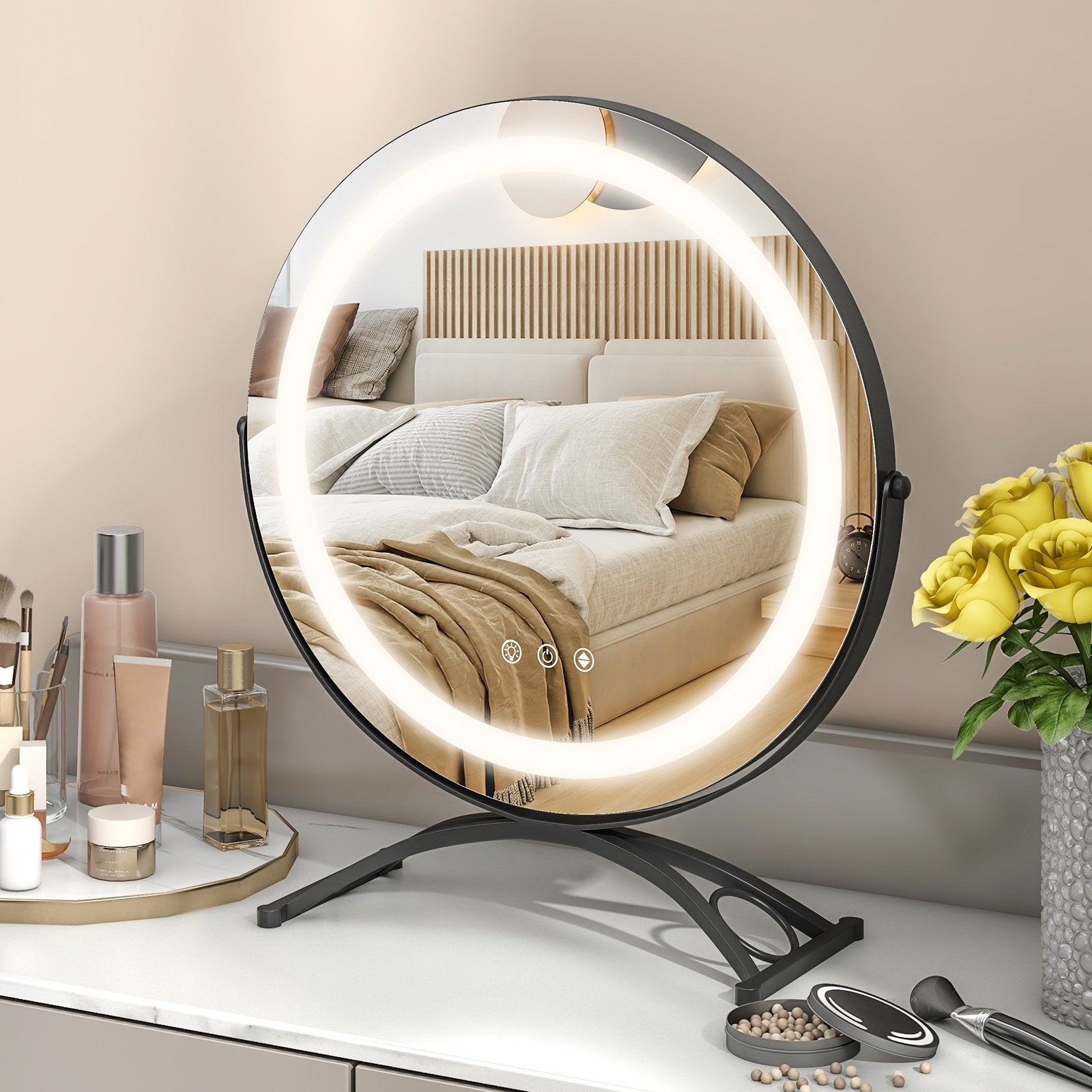 16 x 16 Inch Round LED Vanity Mirror with 3-Color Lighting and Brightness Dimming, Black Makeup Vanities   at Gallery Canada