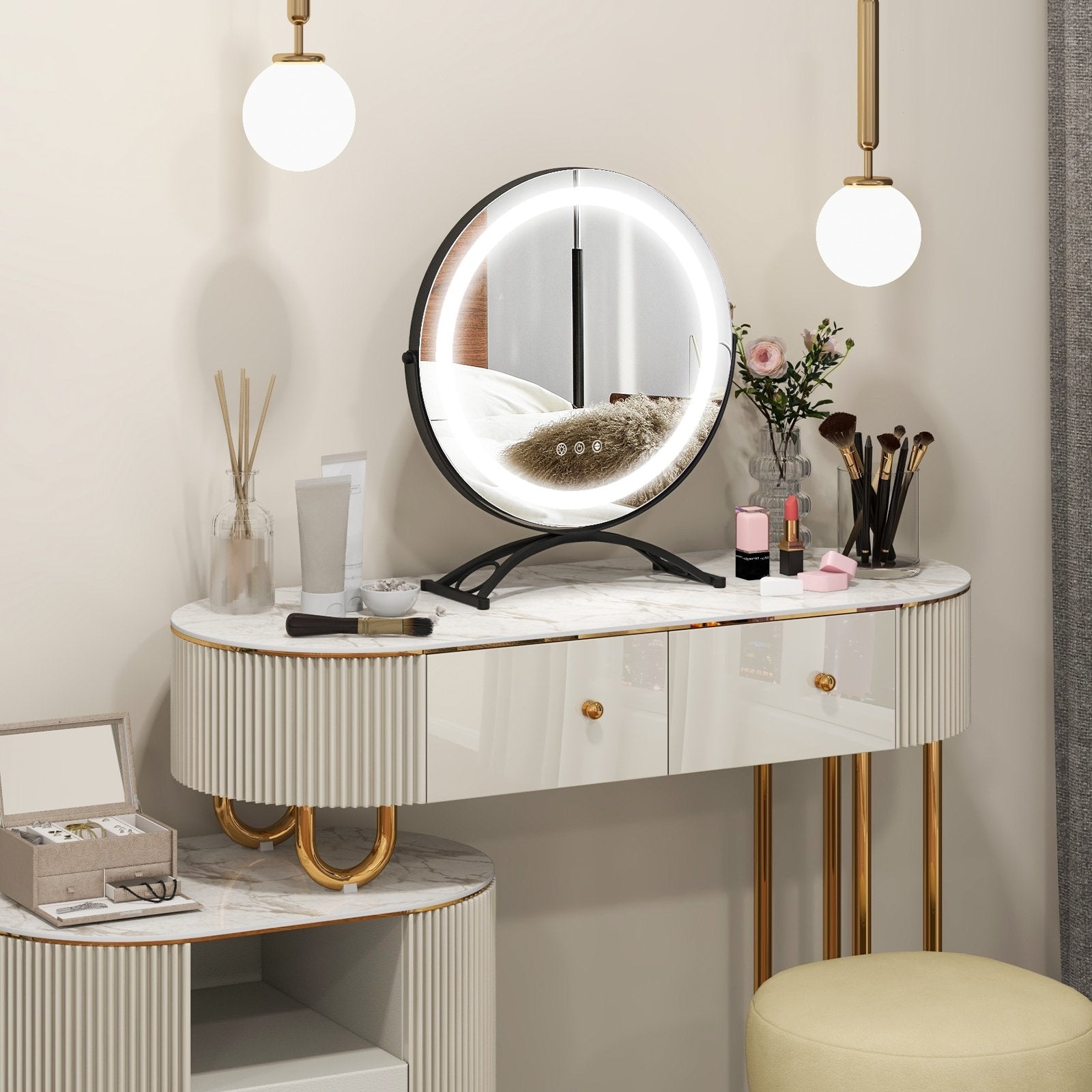 16 x 16 Inch Round LED Vanity Mirror with 3-Color Lighting and Brightness Dimming, Black Makeup Vanities   at Gallery Canada