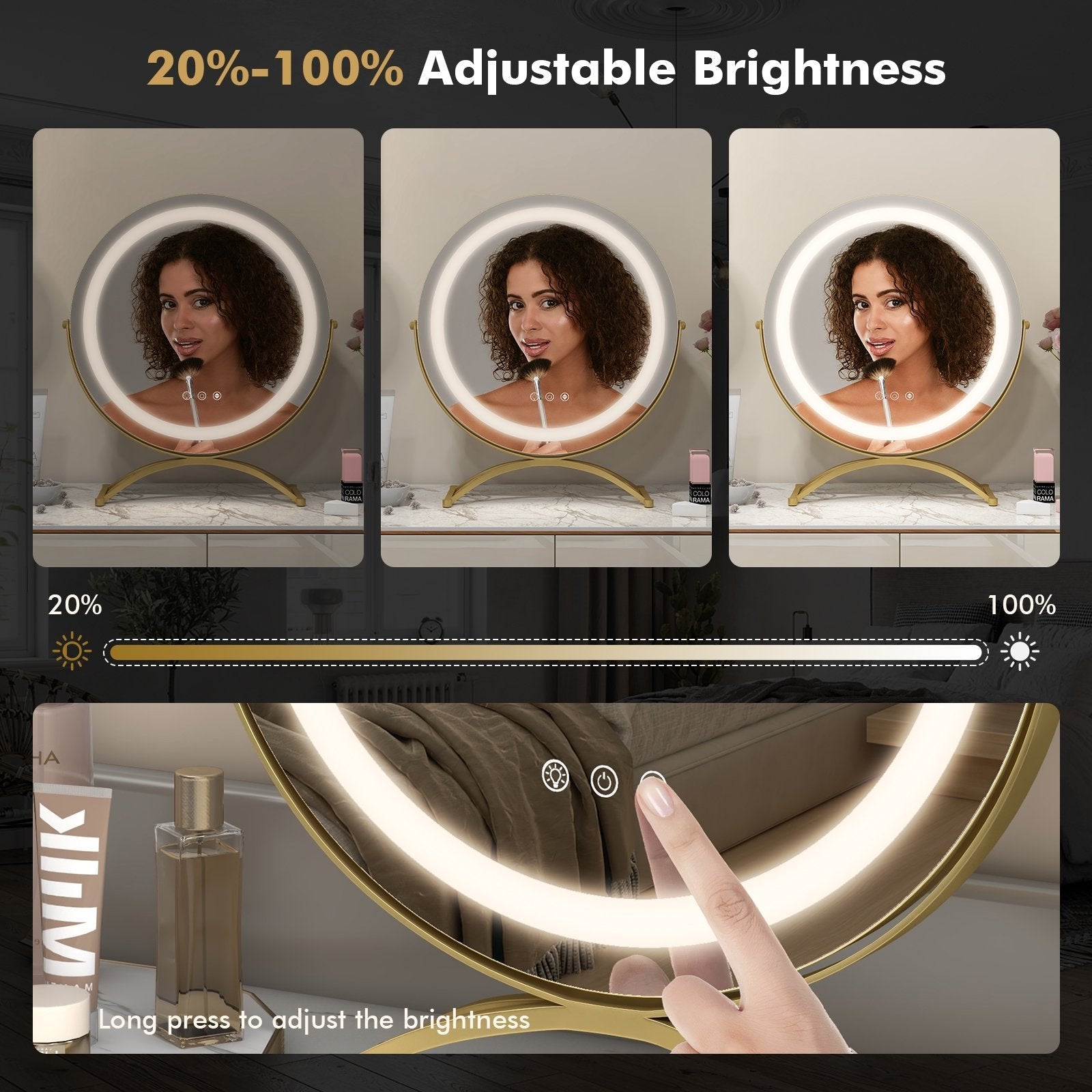 16 x 16 Inch Round LED Vanity Mirror with 3-Color Lighting and Brightness Dimming, Golden Makeup Vanities   at Gallery Canada