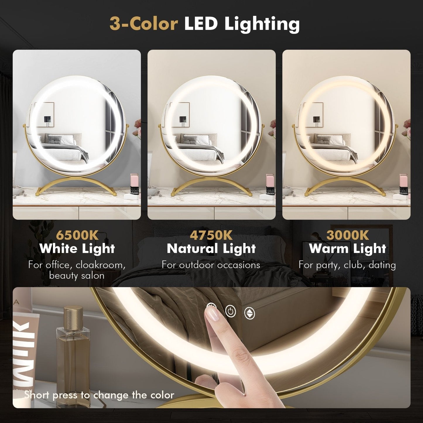 16 x 16 Inch Round LED Vanity Mirror with 3-Color Lighting and Brightness Dimming, Golden Makeup Vanities   at Gallery Canada