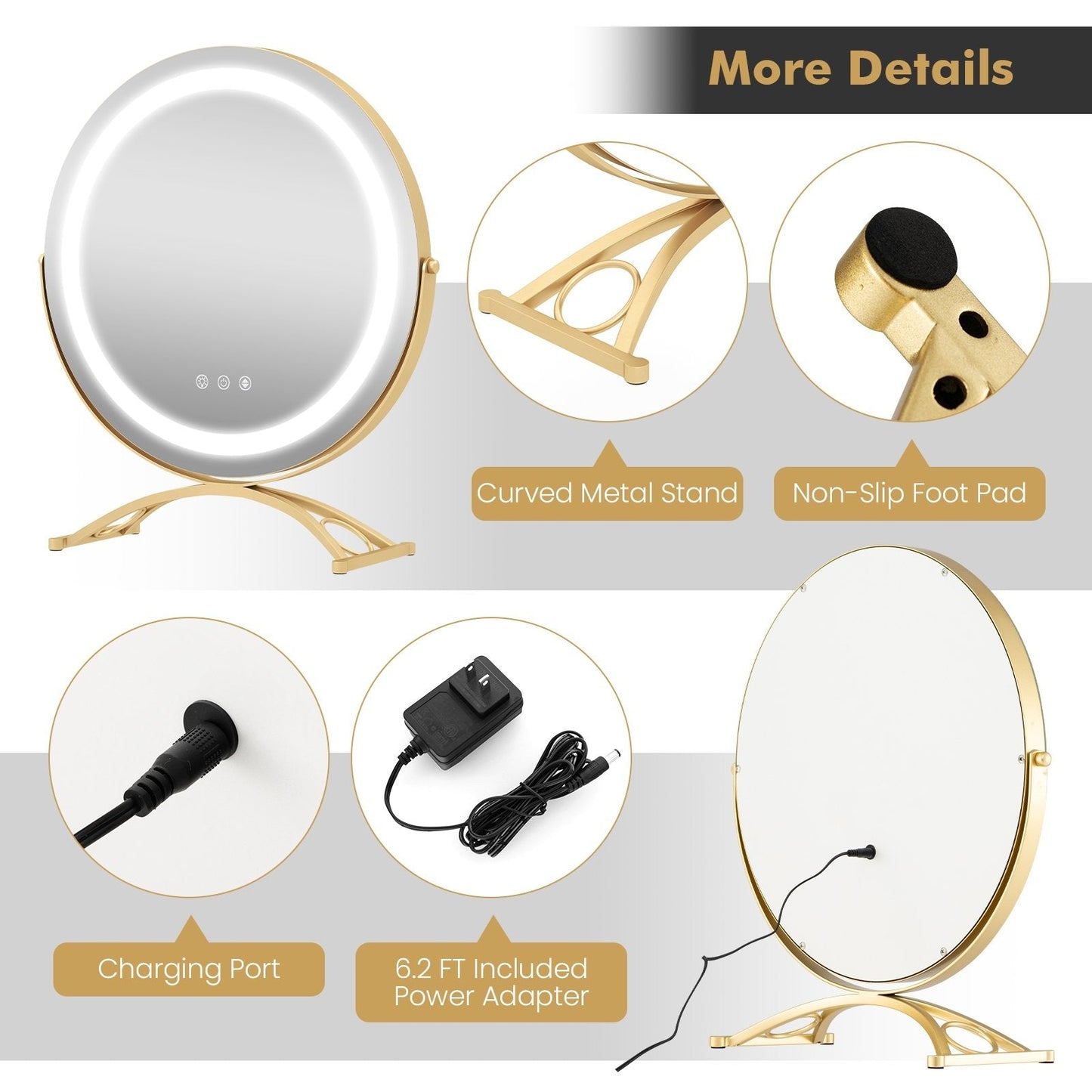 16 x 16 Inch Round LED Vanity Mirror with 3-Color Lighting and Brightness Dimming, Golden Makeup Vanities   at Gallery Canada