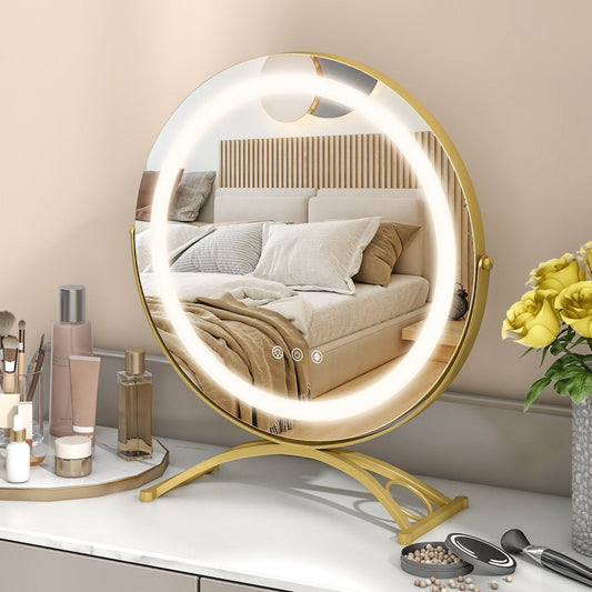 16 x 16 Inch Round LED Vanity Mirror with 3-Color Lighting and Brightness Dimming, Golden Makeup Vanities   at Gallery Canada