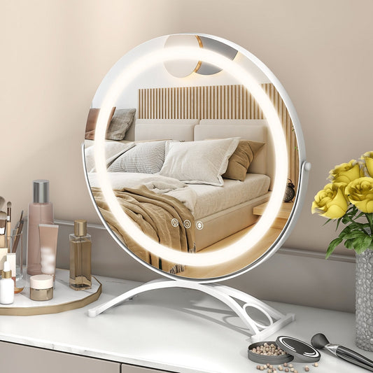 16 x 16 Inch Round LED Vanity Mirror with 3-Color Lighting and Brightness Dimming, White Makeup Vanities   at Gallery Canada