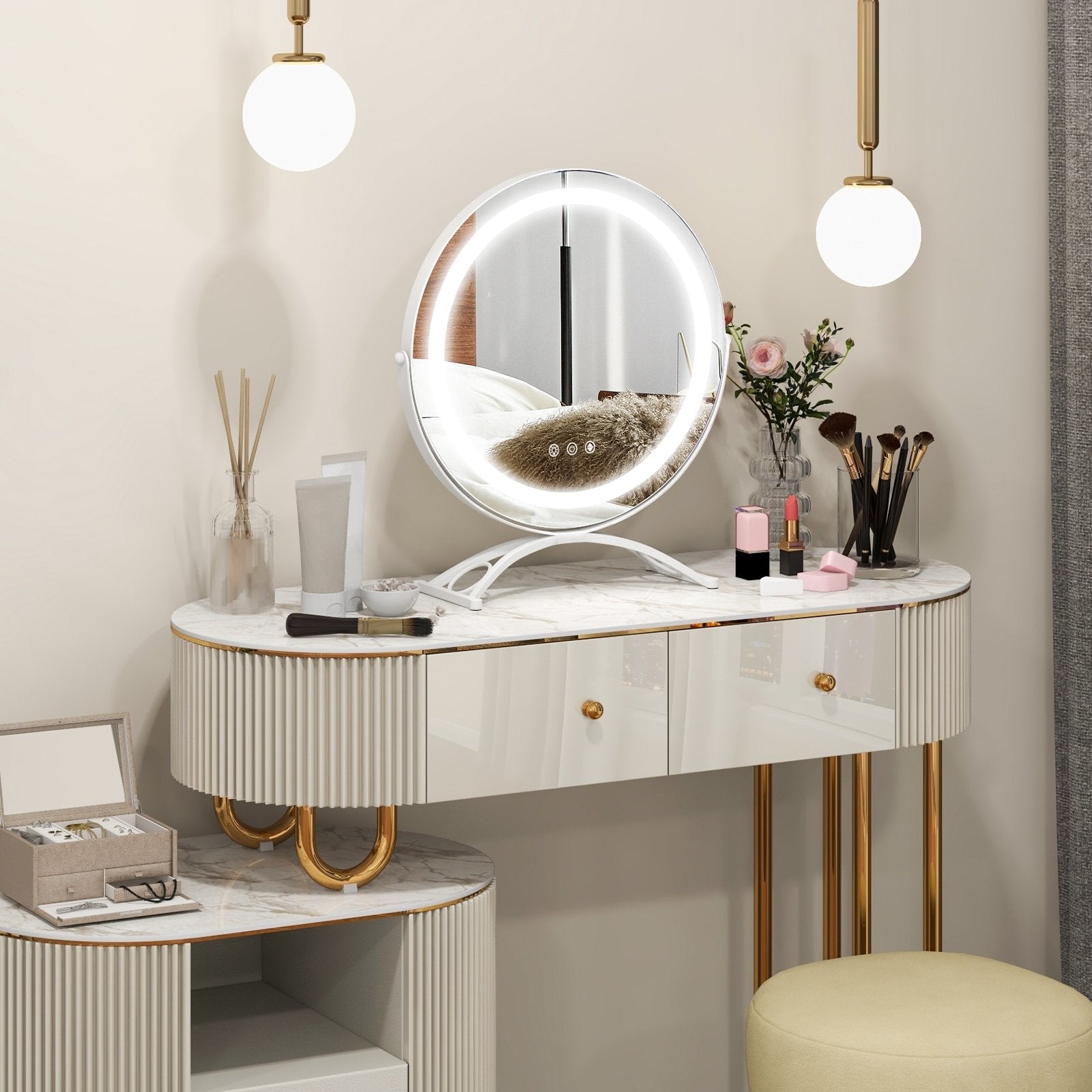 16 x 16 Inch Round LED Vanity Mirror with 3-Color Lighting and Brightness Dimming, White Makeup Vanities   at Gallery Canada