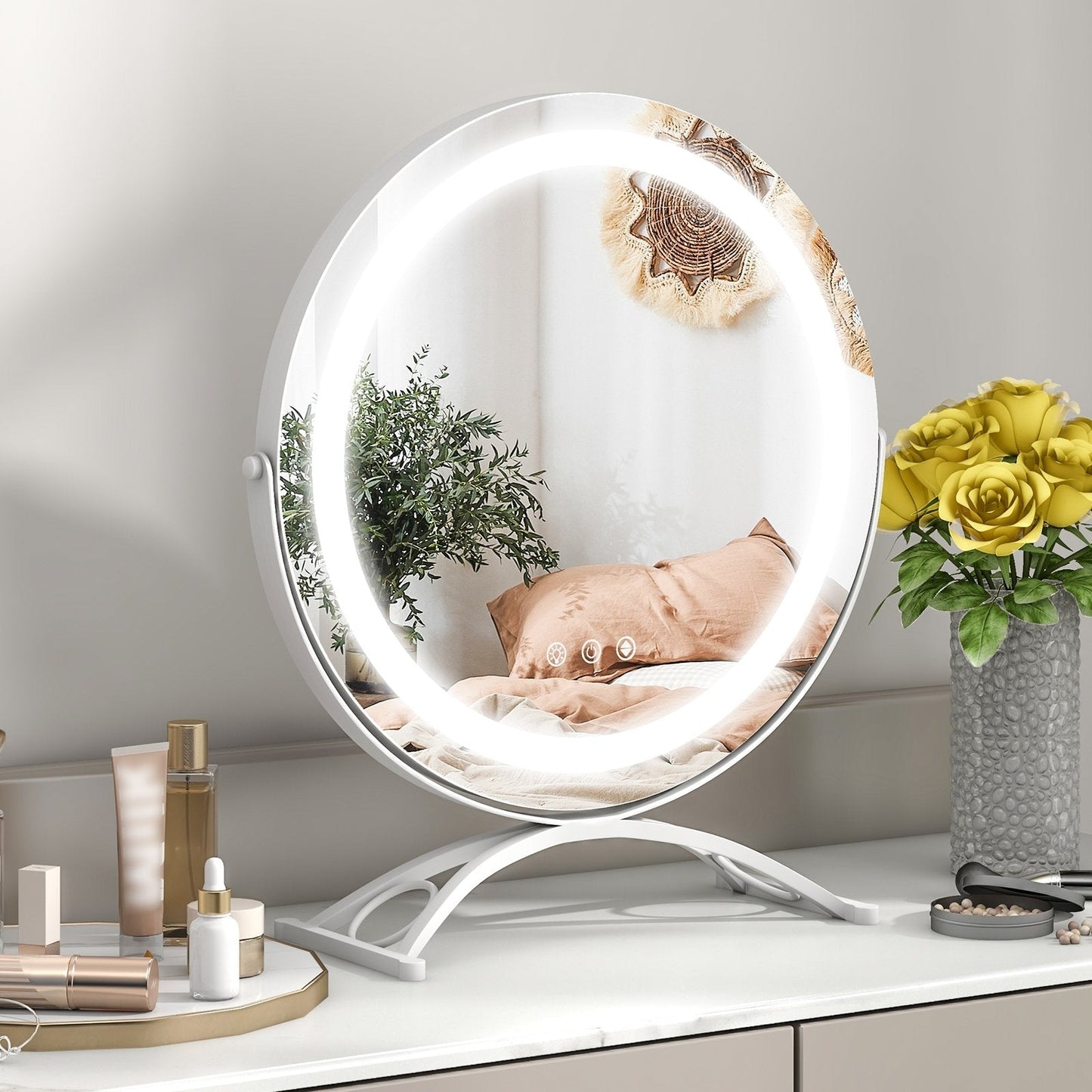 16 x 16 Inch Round LED Vanity Mirror with 3-Color Lighting and Brightness Dimming, White Makeup Vanities   at Gallery Canada