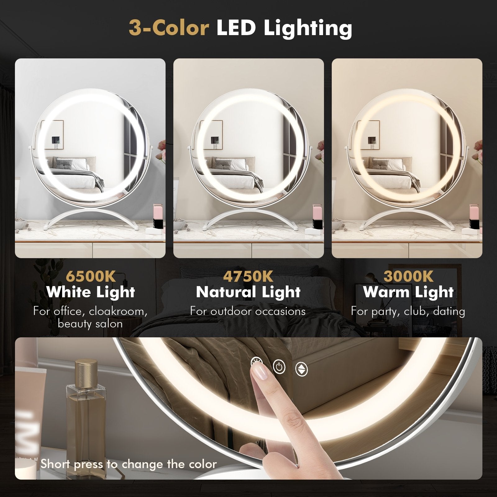 16 x 16 Inch Round LED Vanity Mirror with 3-Color Lighting and Brightness Dimming, White Makeup Vanities   at Gallery Canada