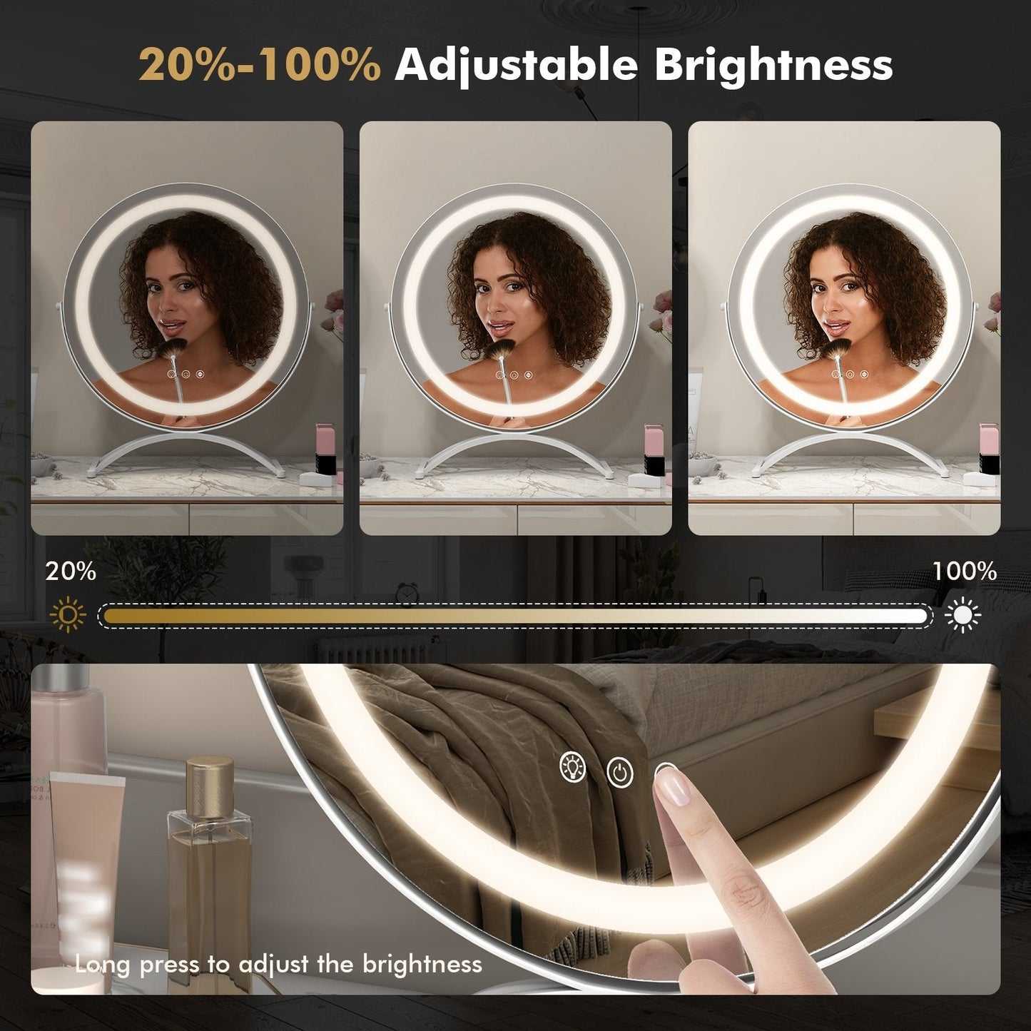 16 x 16 Inch Round LED Vanity Mirror with 3-Color Lighting and Brightness Dimming, White Makeup Vanities   at Gallery Canada