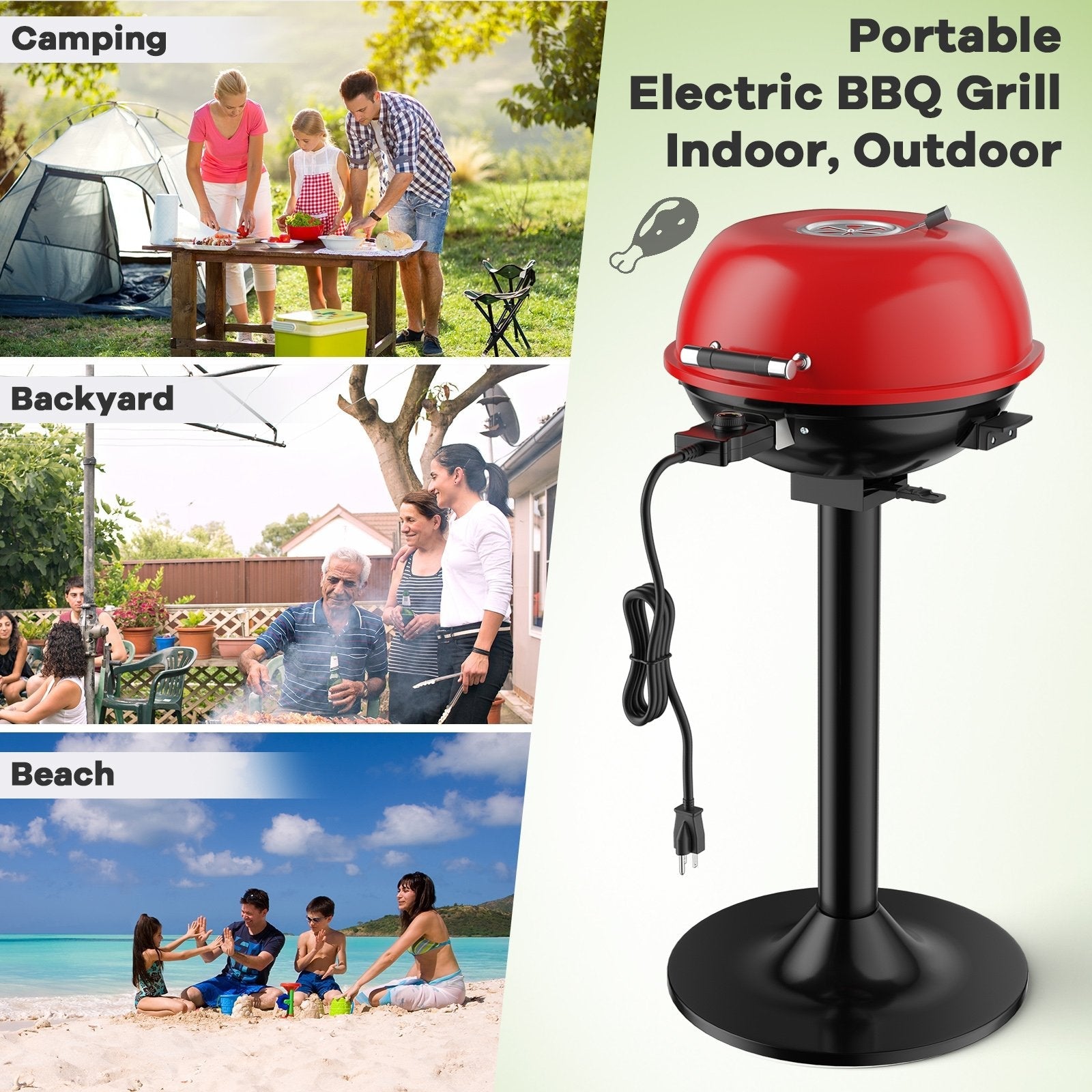 1600W Portable Electric BBQ Grill with Removable Non-Stick Rack, Black & Red Outdoor Grills   at Gallery Canada