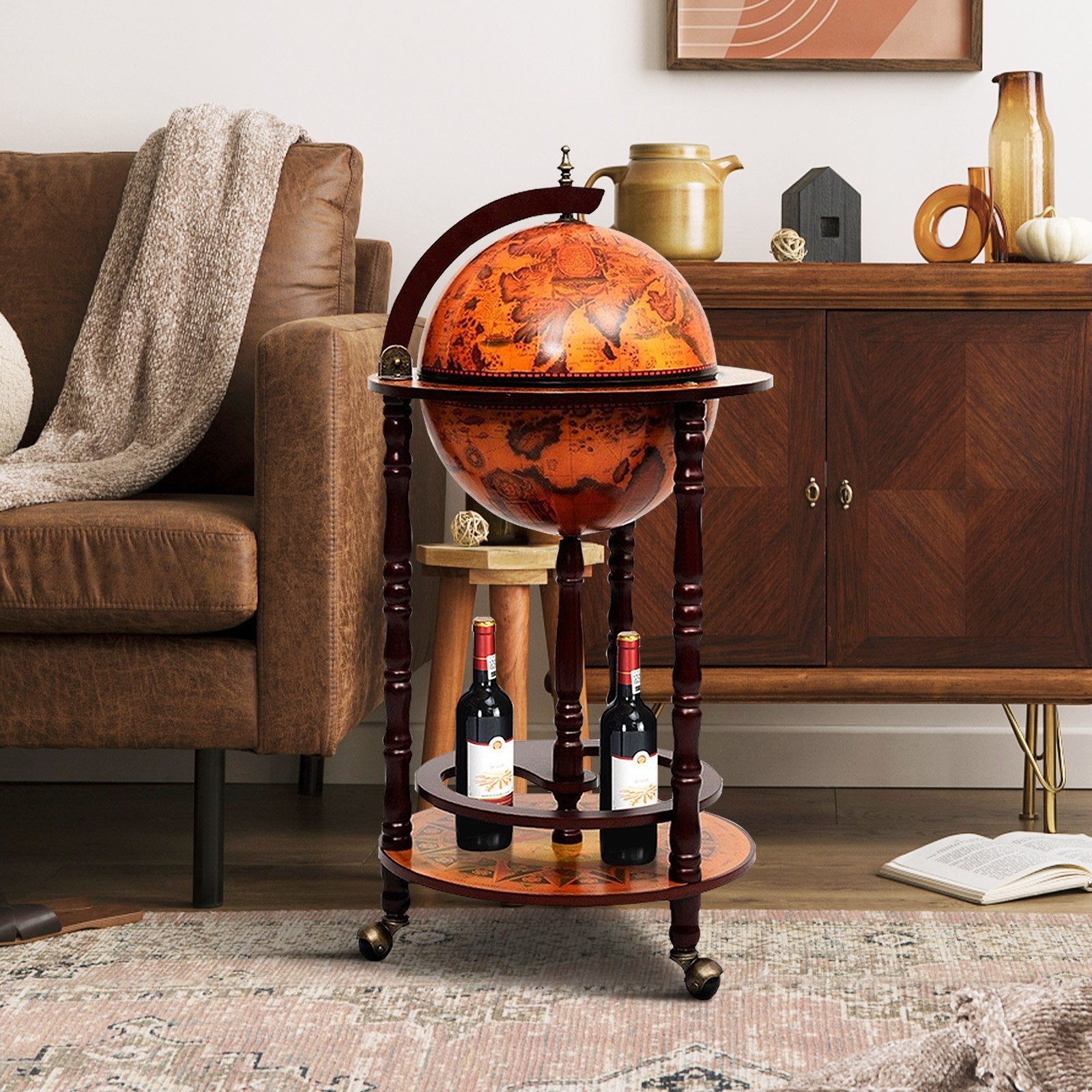 16th Century Wood Globe Wine Bar Stand, Dark Red Wine Racks   at Gallery Canada