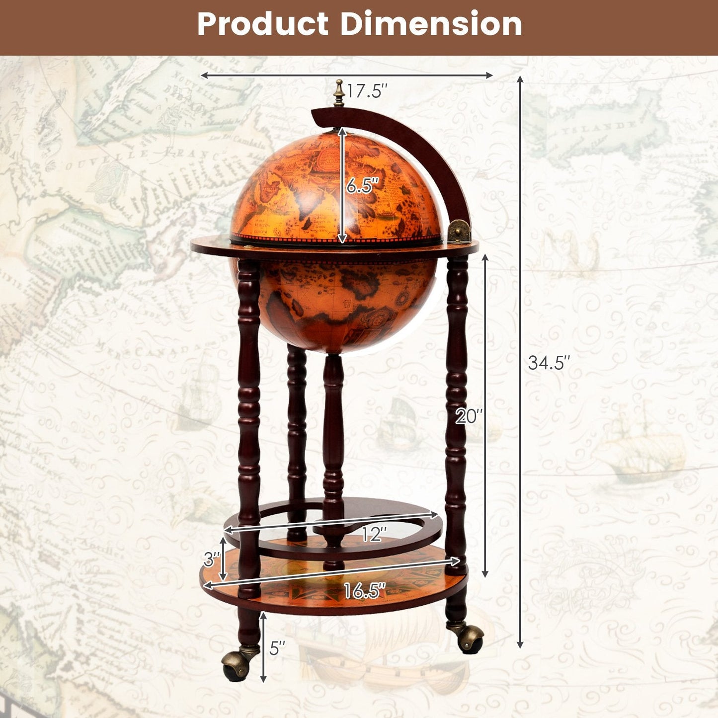 16th Century Wood Globe Wine Bar Stand, Dark Red Wine Racks   at Gallery Canada