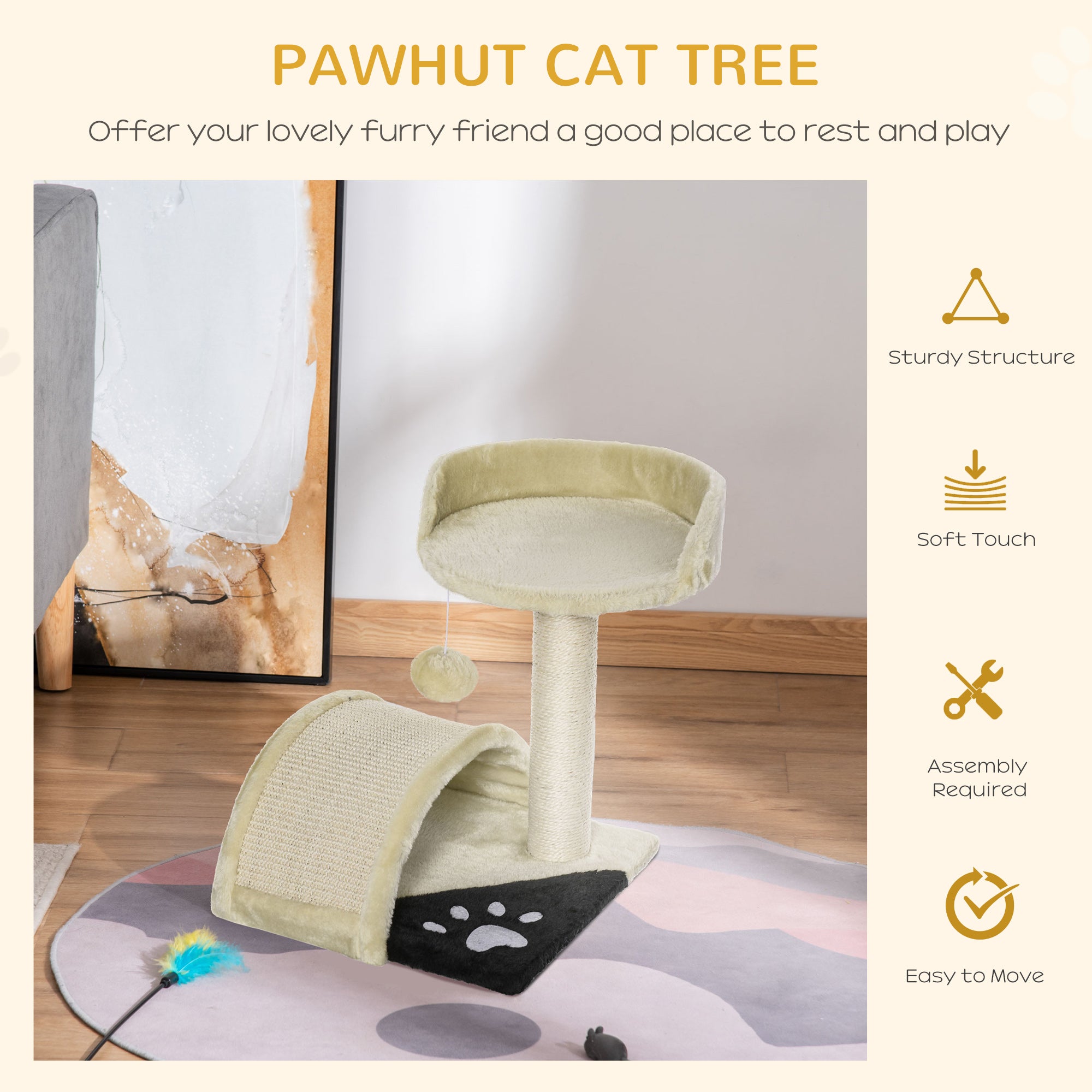 17” Cat Scratching Tree Kitty House Kitten Activity Centre Pet Bed Post Furniture with Hanging Toy (Beige) Cat Posts   at Gallery Canada