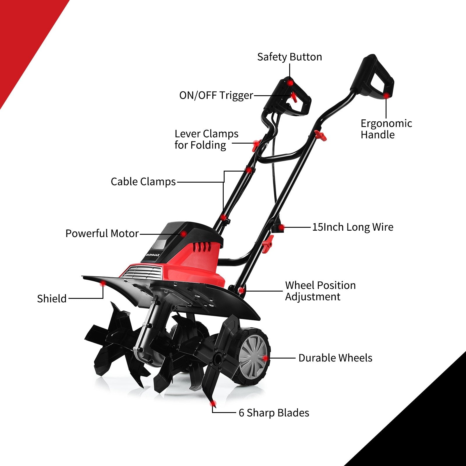 17-Inch 13.5 Amp Corded Electric Tiller and Cultivator 9-Inch Tilling Depth, Black & Red Garden Tools   at Gallery Canada