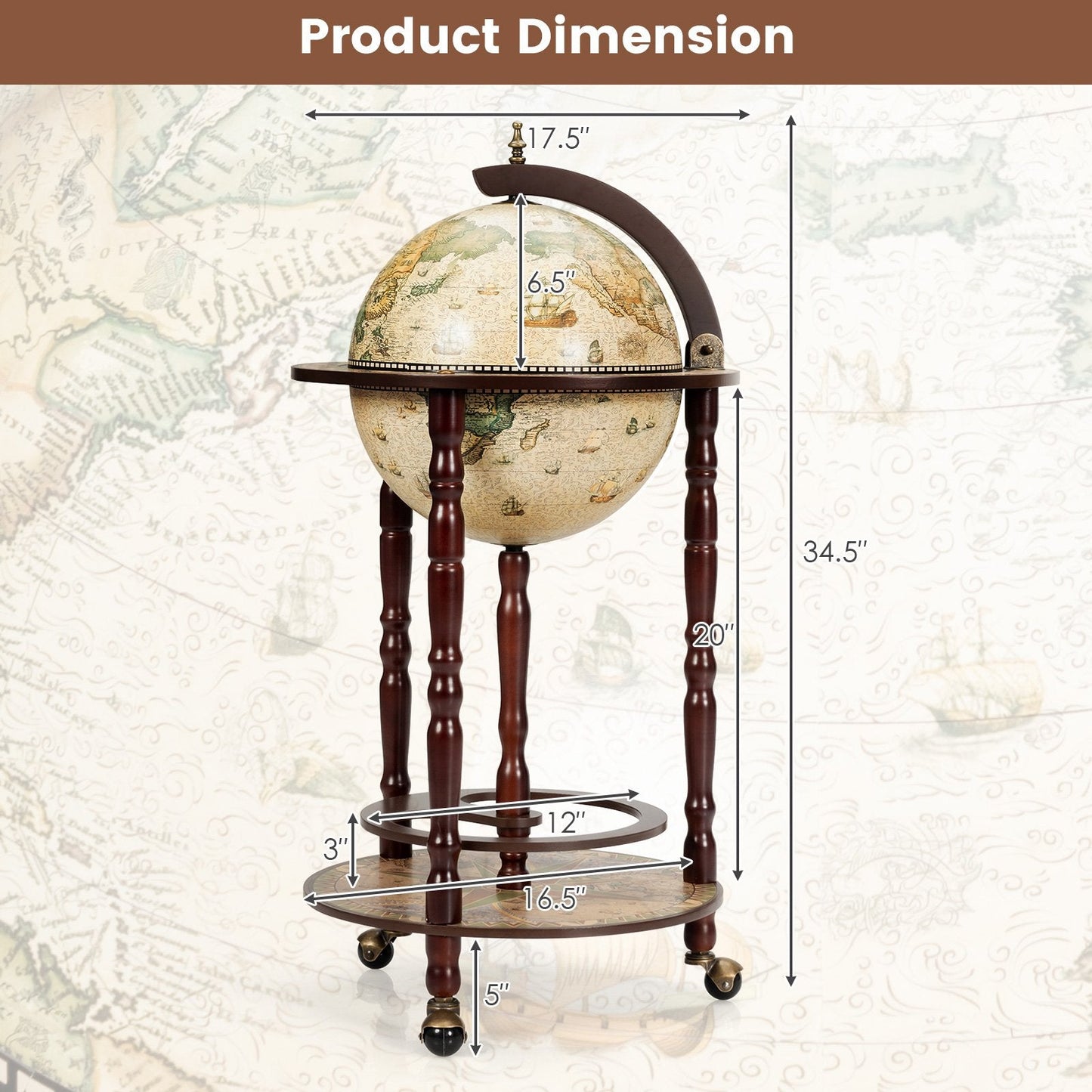 17 Inch Italian Style Design Wooden Globe Liquor Bottle Wine Rack with Wheels, White Wine Racks   at Gallery Canada