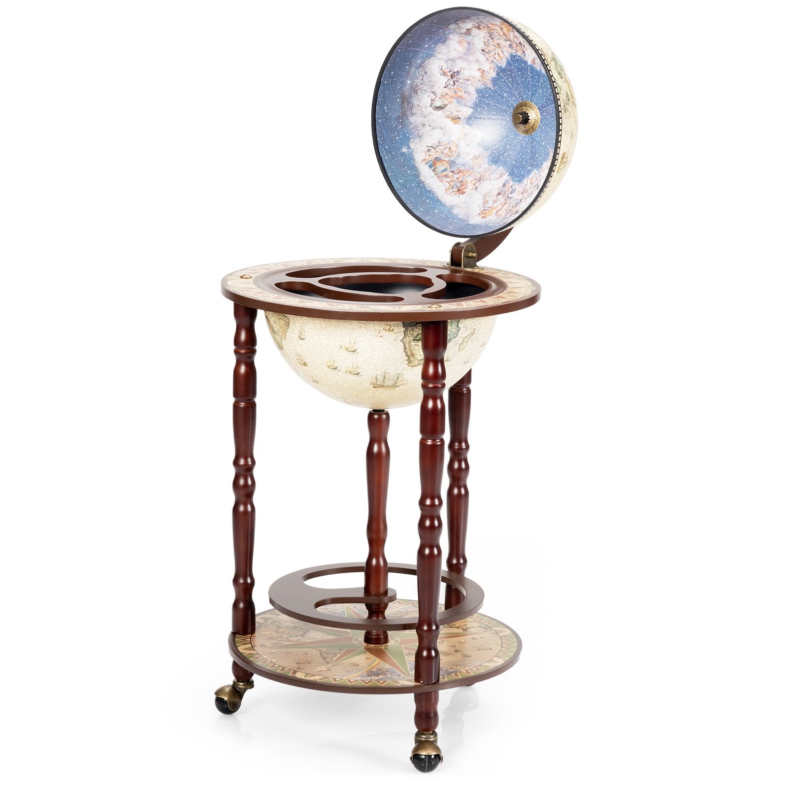 17 Inch Italian Style Design Wooden Globe Liquor Bottle Wine Rack with Wheels, White Wine Racks   at Gallery Canada