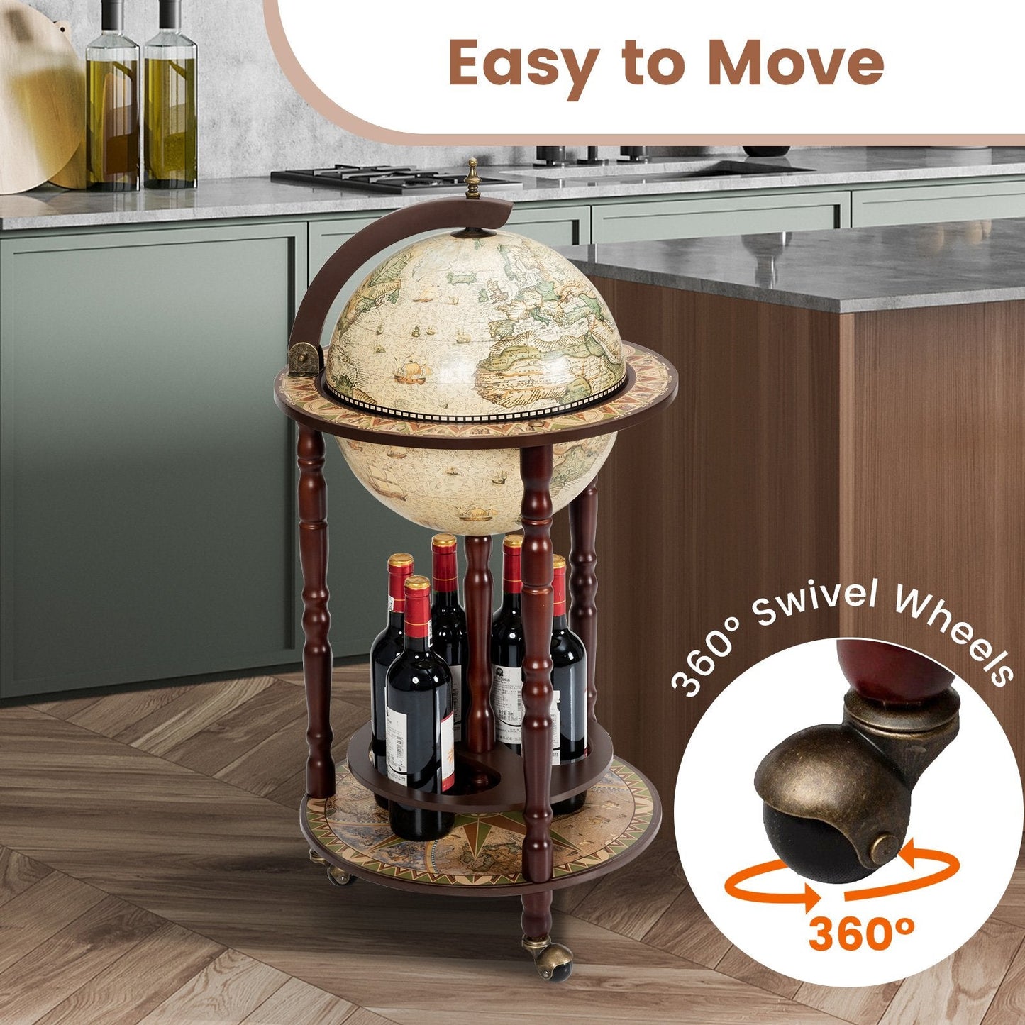 17 Inch Italian Style Design Wooden Globe Liquor Bottle Wine Rack with Wheels, White Wine Racks   at Gallery Canada