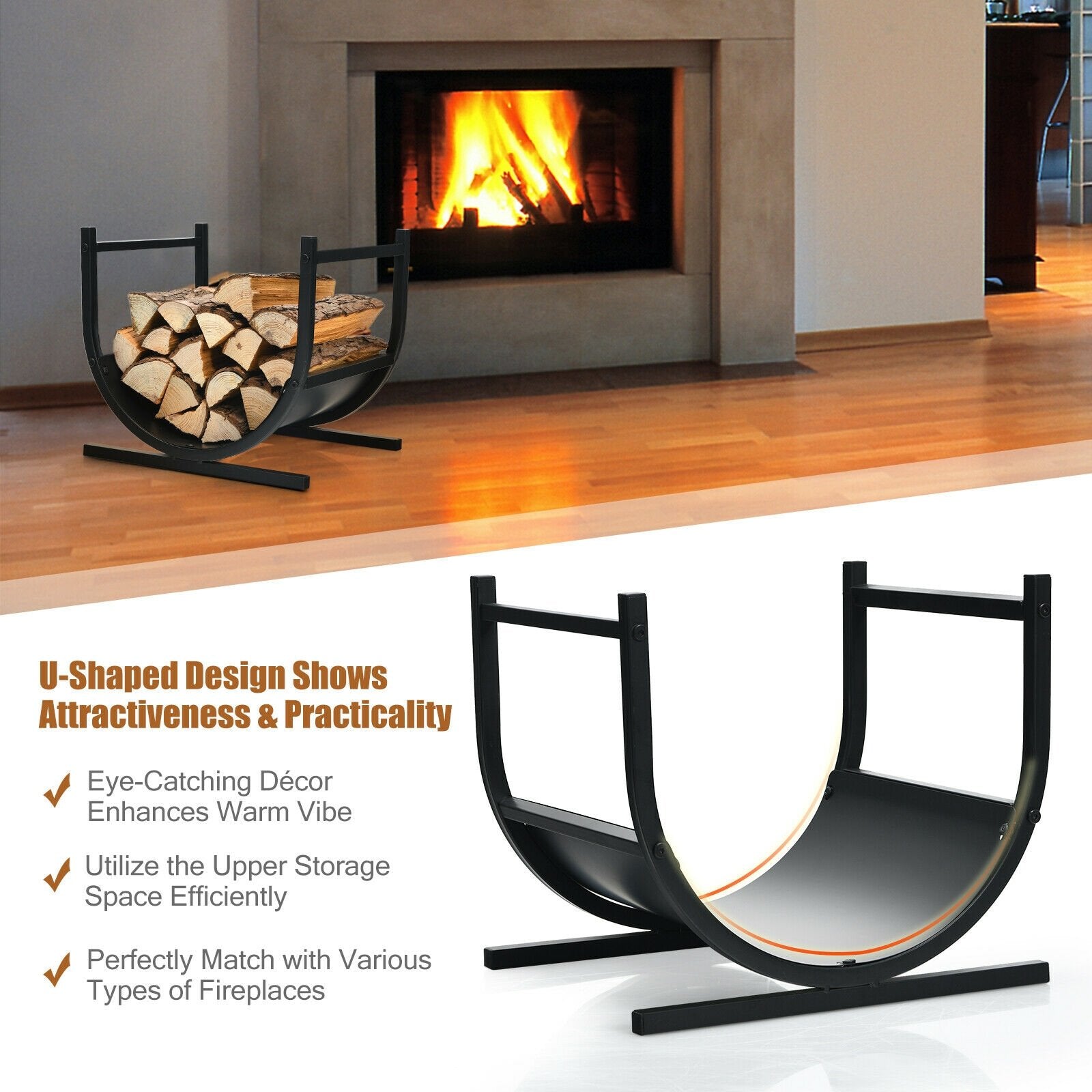 17 Inch U-Shaped Firewood Rack Steel, Black Log Storage   at Gallery Canada