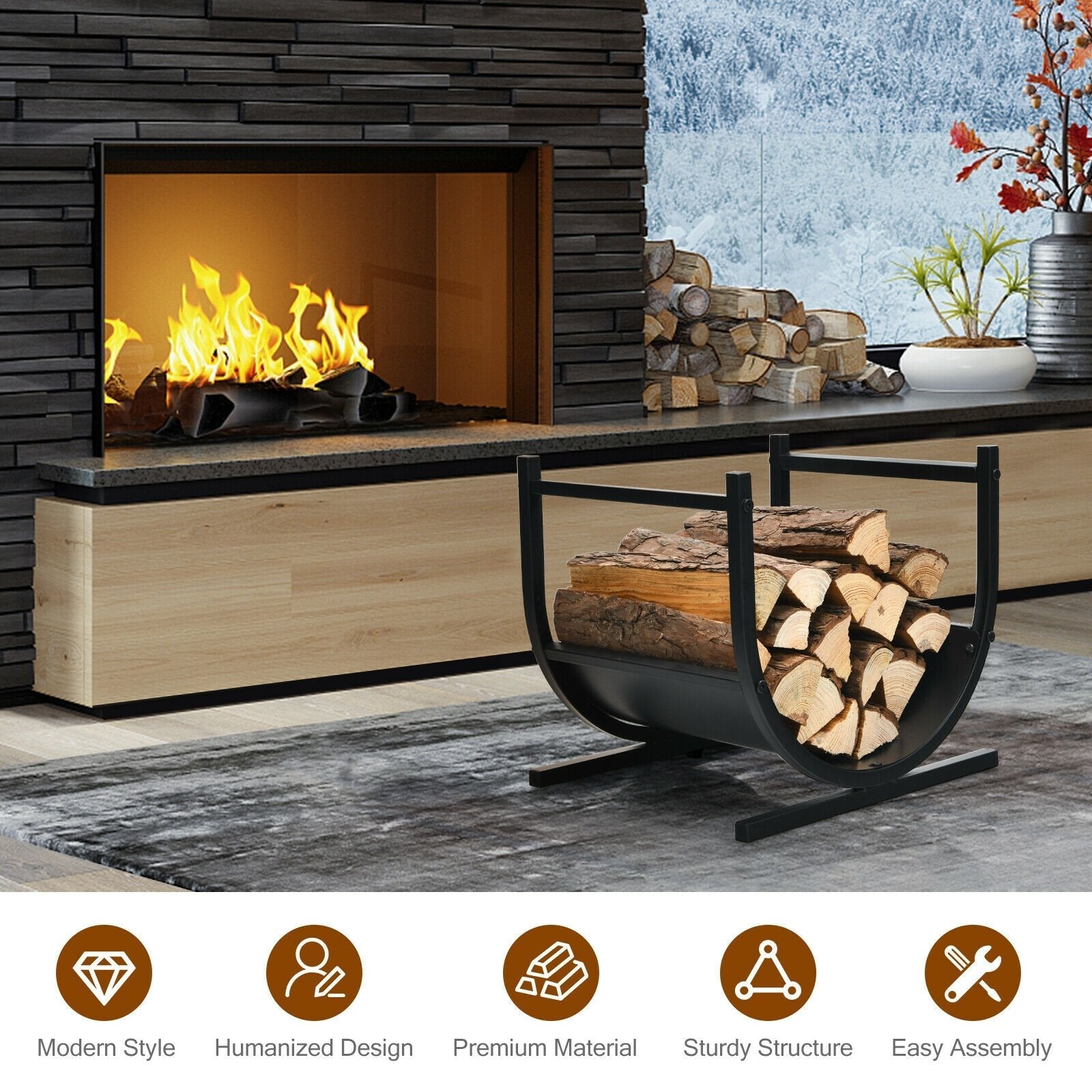 17 Inch U-Shaped Firewood Rack Steel, Black Log Storage   at Gallery Canada