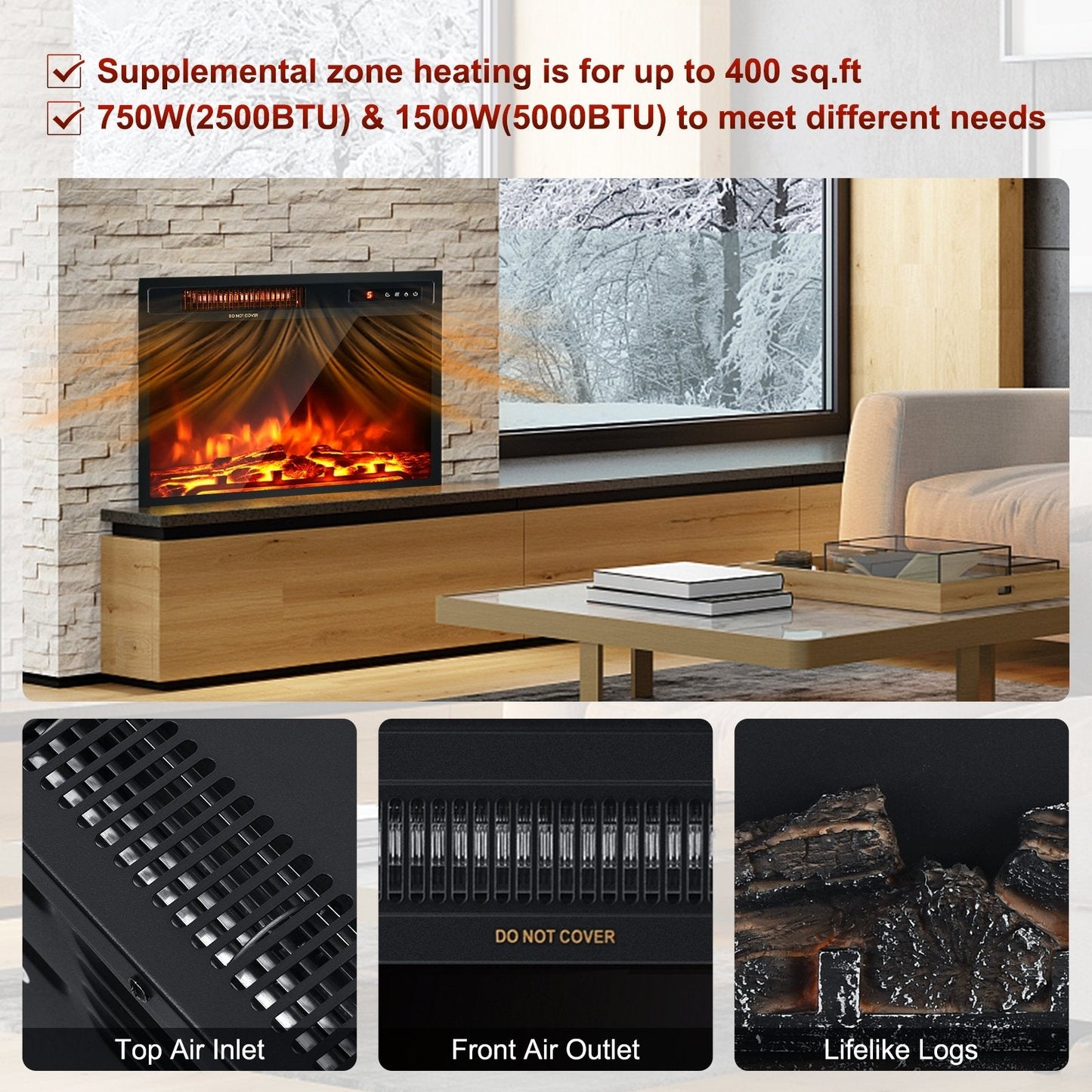 18 Inch 1500W Electric Fireplace Freestanding and Recessed Heater, Black Fireplaces   at Gallery Canada