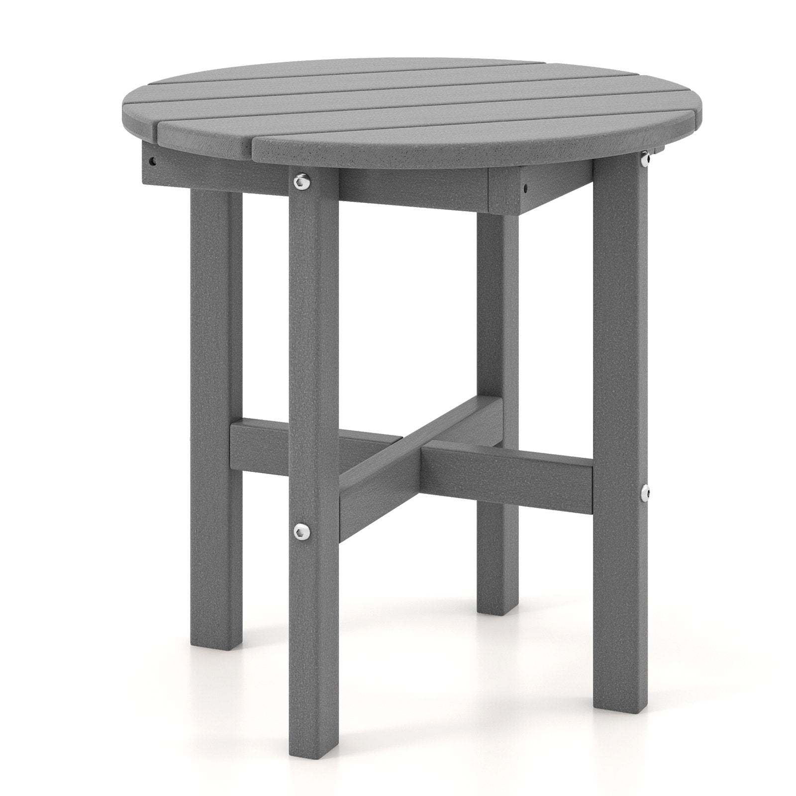 18 Inch Adirondack Round Side Table with Cross Base and Slatted Surface, Gray Patio Coffee Tables   at Gallery Canada