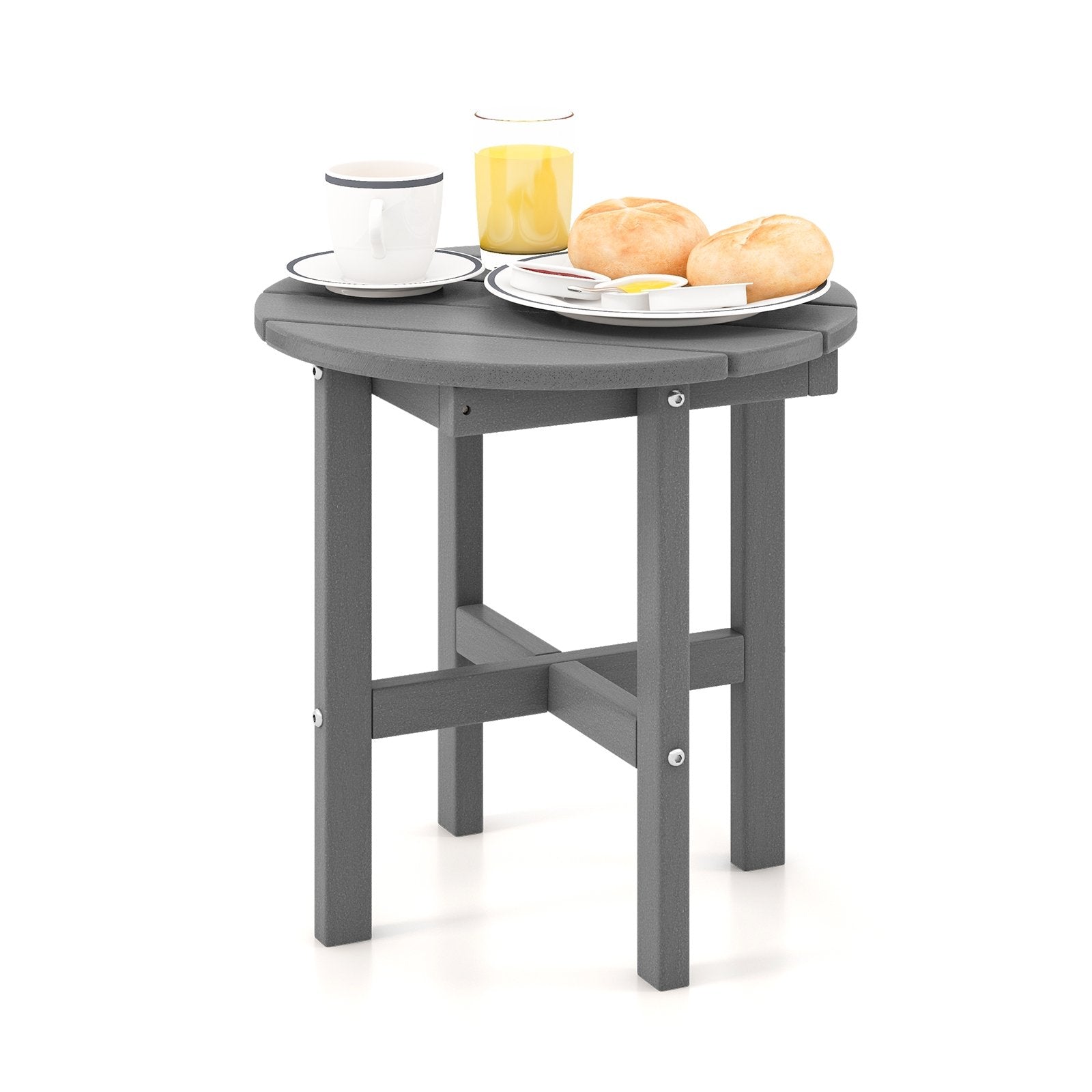 18 Inch Adirondack Round Side Table with Cross Base and Slatted Surface, Gray Patio Coffee Tables   at Gallery Canada