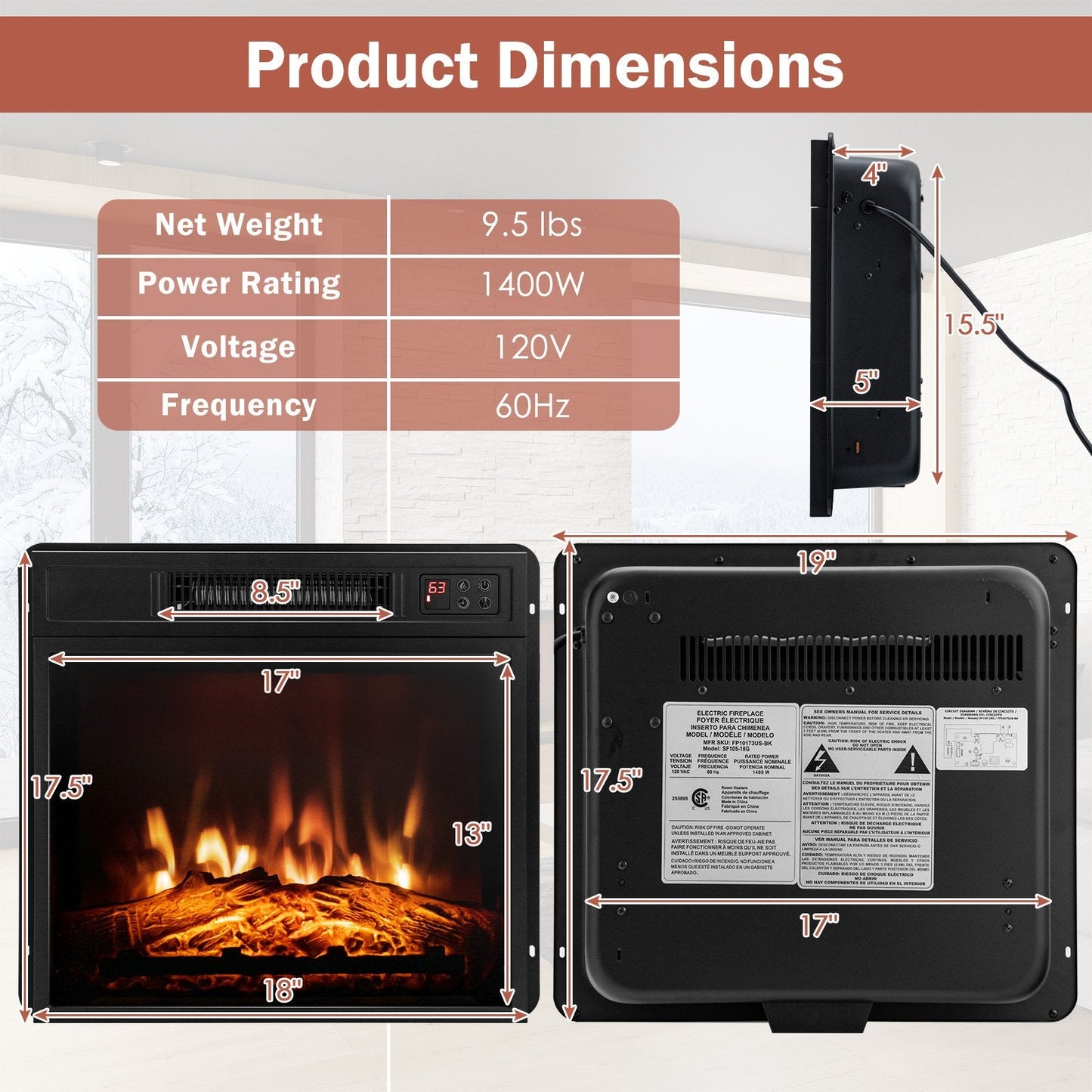 18 Inch Electric Fireplace Inserted with Adjustable LED Flame Fireplaces   at Gallery Canada