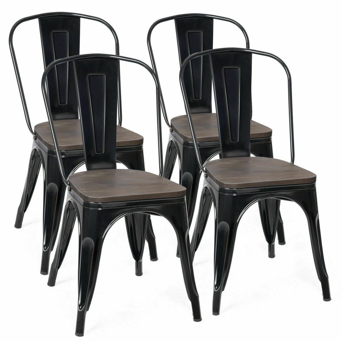 18 Inch Height Set of 4 Stackable Style Metal Wood Dining Chair, Black Dining Chairs   at Gallery Canada