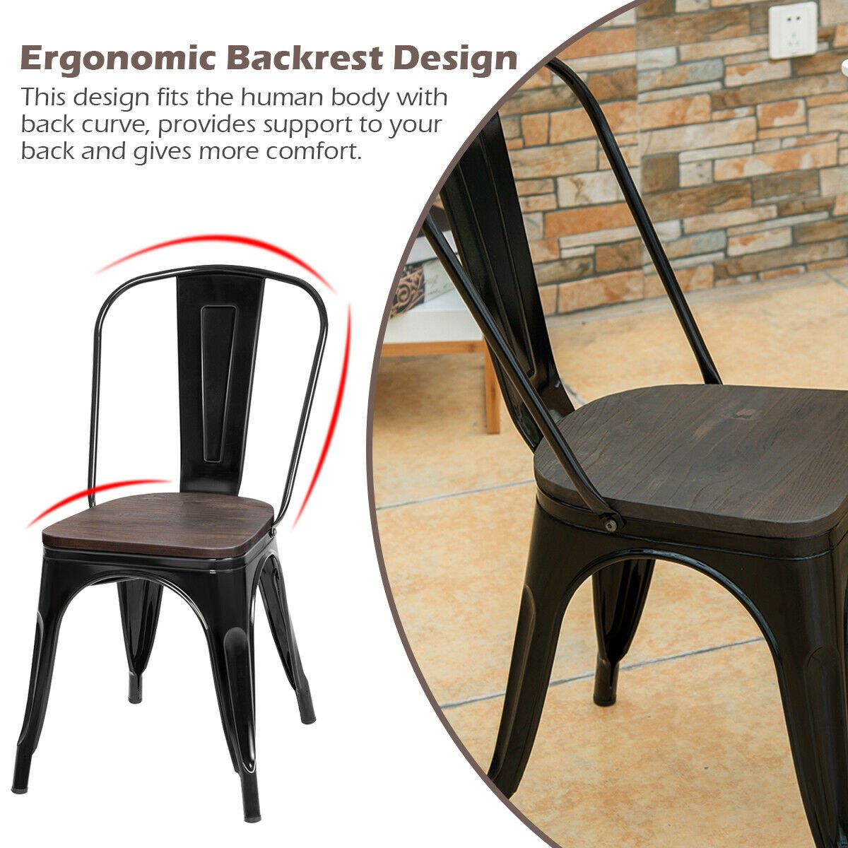 18 Inch Height Set of 4 Stackable Style Metal Wood Dining Chair, Black Dining Chairs   at Gallery Canada