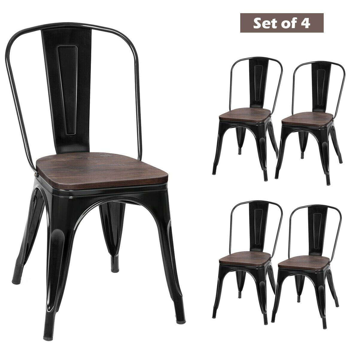 18 Inch Height Set of 4 Stackable Style Metal Wood Dining Chair, Black Dining Chairs   at Gallery Canada