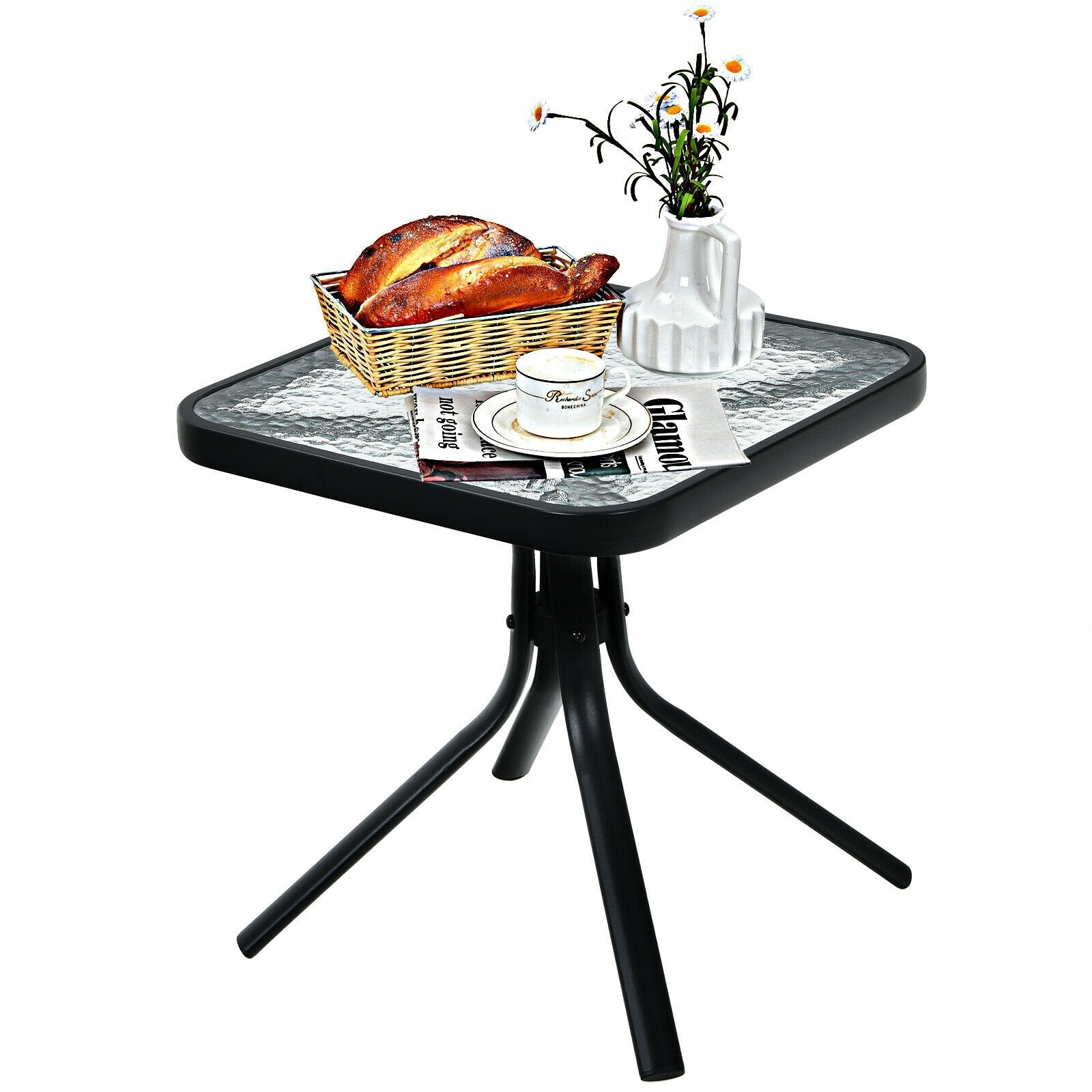 18 Inch Patio Coffee Side Table with Tempered Glass, Black Patio Coffee Tables   at Gallery Canada