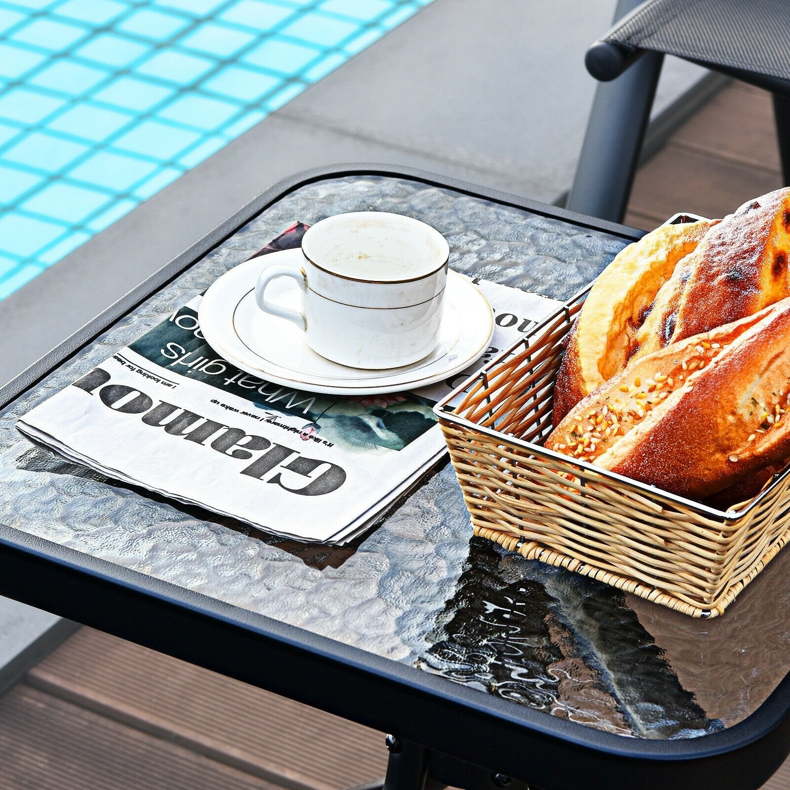 18 Inch Patio Coffee Side Table with Tempered Glass, Black Patio Coffee Tables   at Gallery Canada