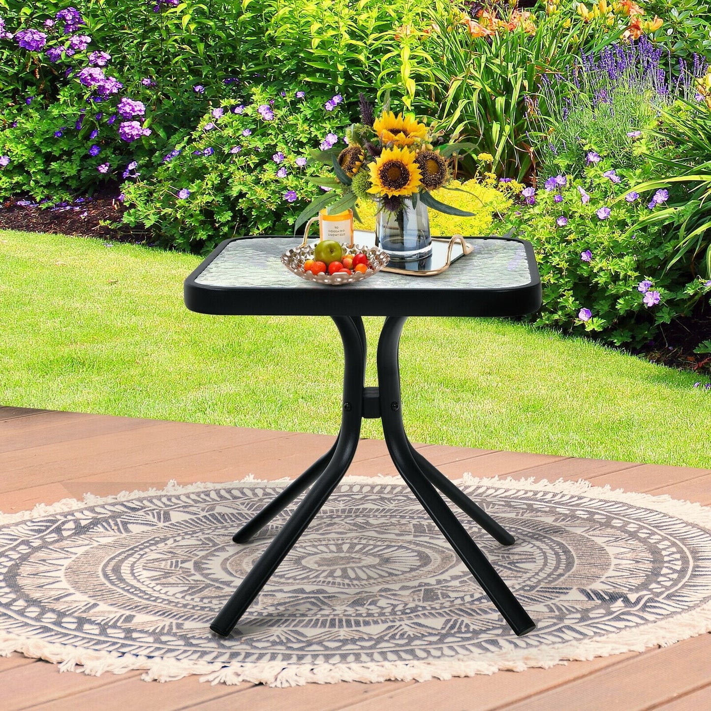 18 Inch Patio Coffee Side Table with Tempered Glass, Black Patio Coffee Tables   at Gallery Canada