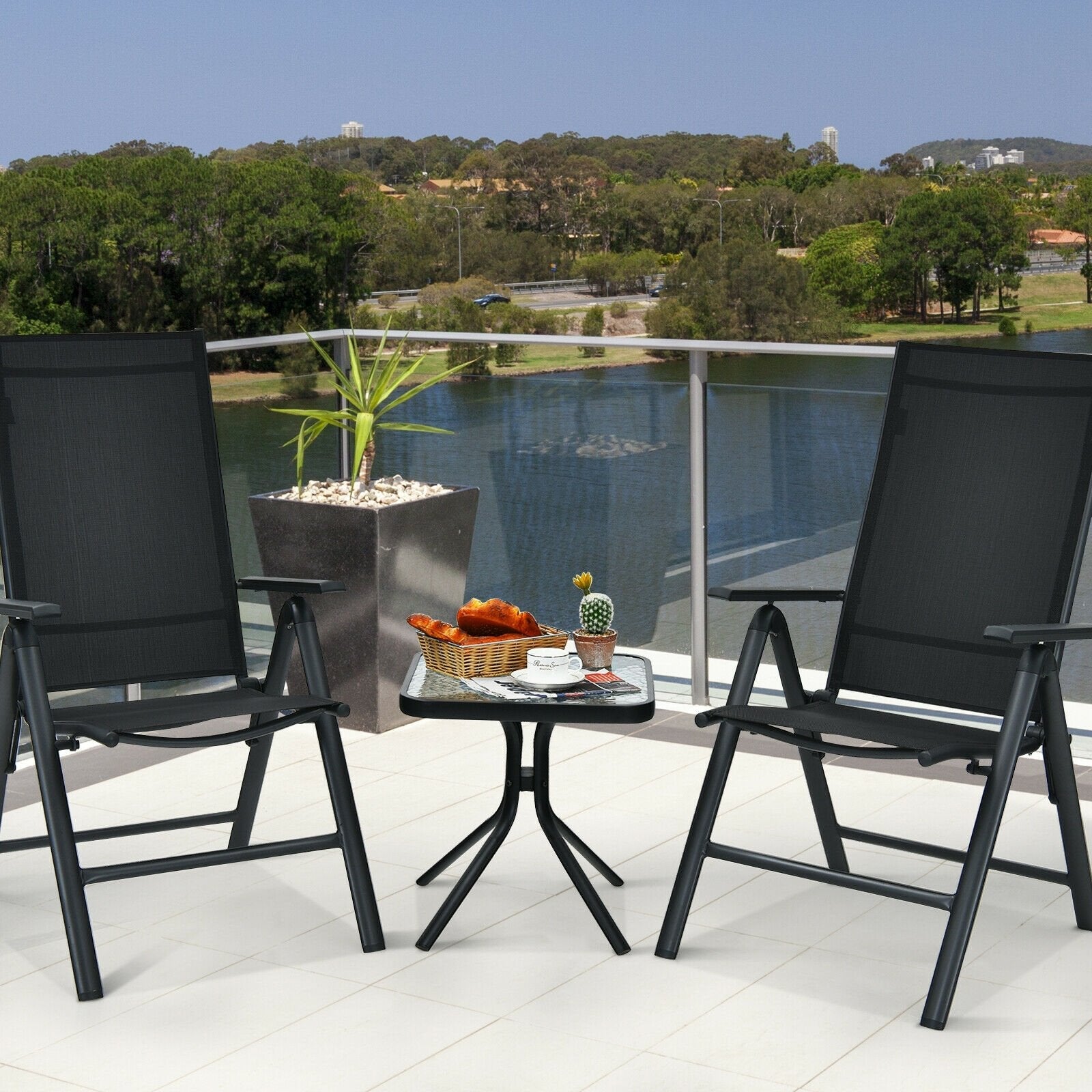 18 Inch Patio Coffee Side Table with Tempered Glass, Black Patio Coffee Tables   at Gallery Canada