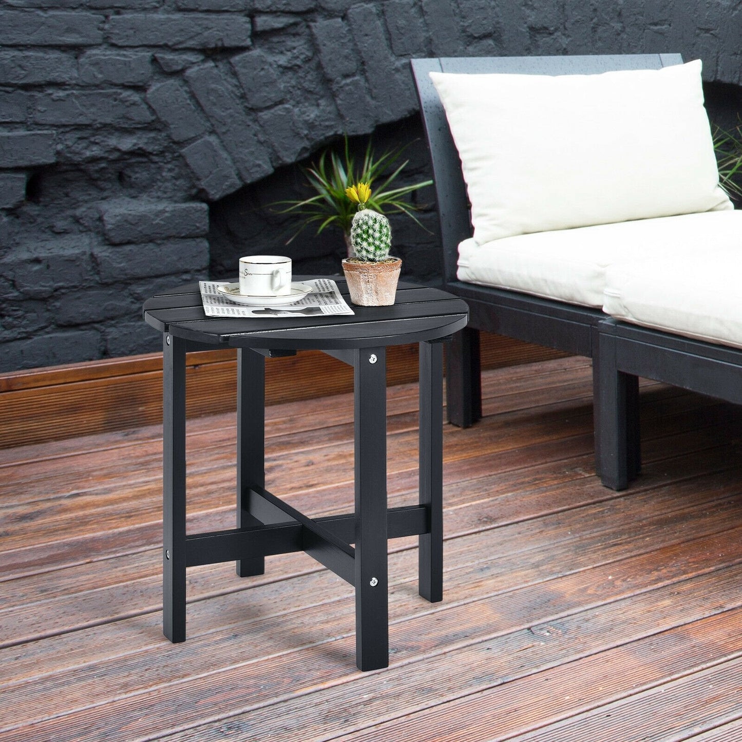 18 Inch Patio Round Side Wooden Slat End Coffee Table for Garden, Black Patio Coffee Tables   at Gallery Canada